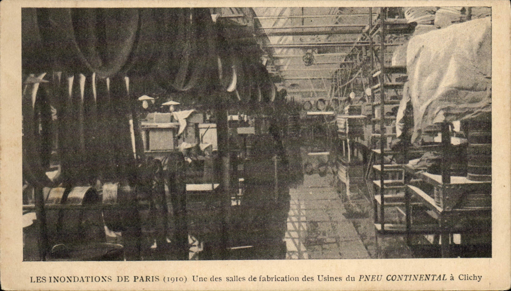 VINTAGE POSTCARD Automobile Floods of Paris 1910 One of the rooms of manufacture of the factories of Continental Tire has Clichy
