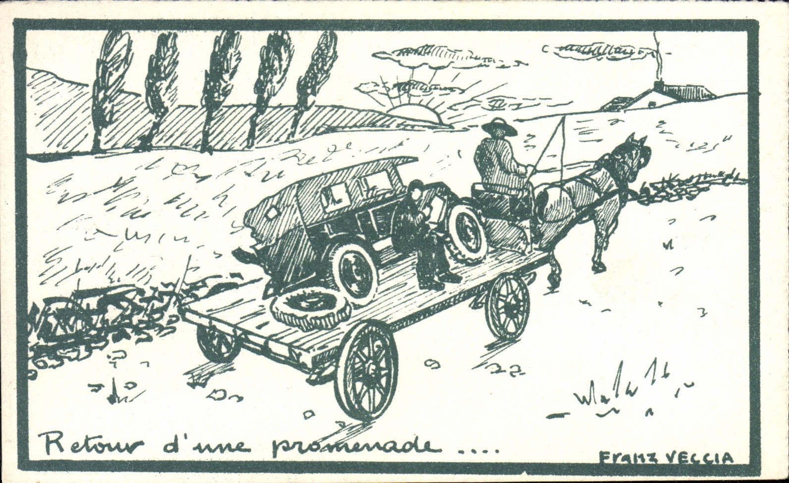 Vuelta de la fantasía del automóvil de la POSTAL de la VENDIMIA de un ilustrador Francisco Veccia de la caminata