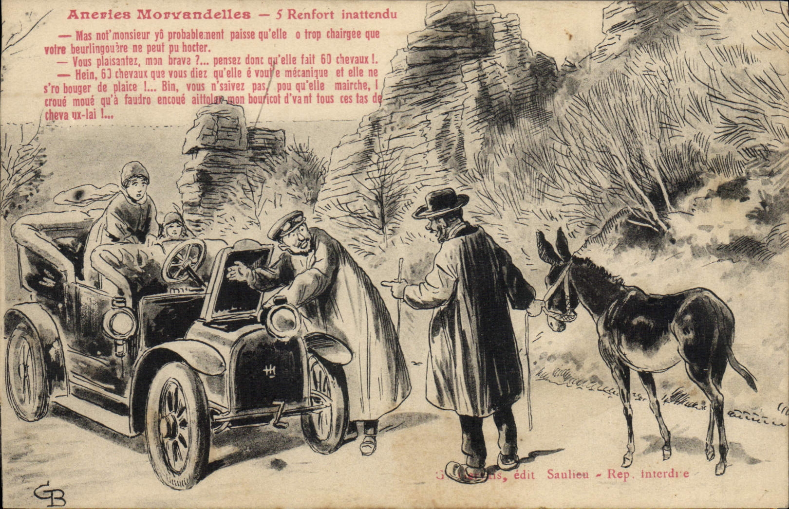 CPA Fantaisie Automobile Aneries morvandelles Renfort inattendu Ane Mule