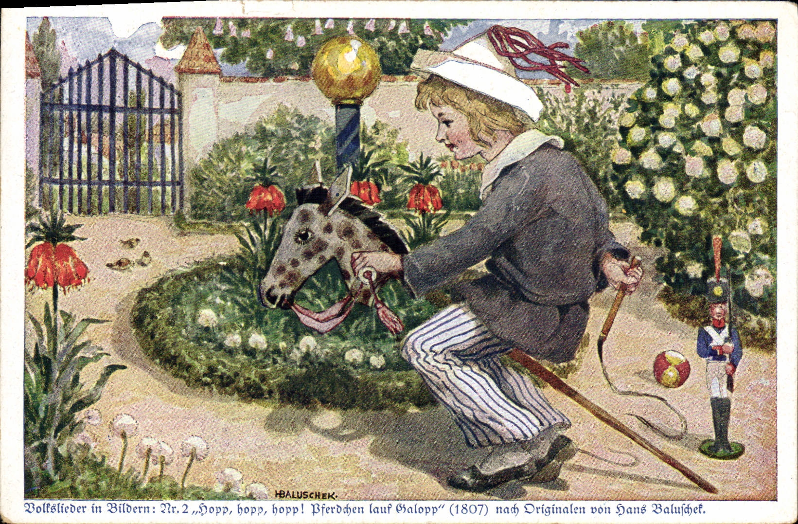 Caballo H Baluschek del niño del ilustrador de la POSTAL de la VENDIMIA