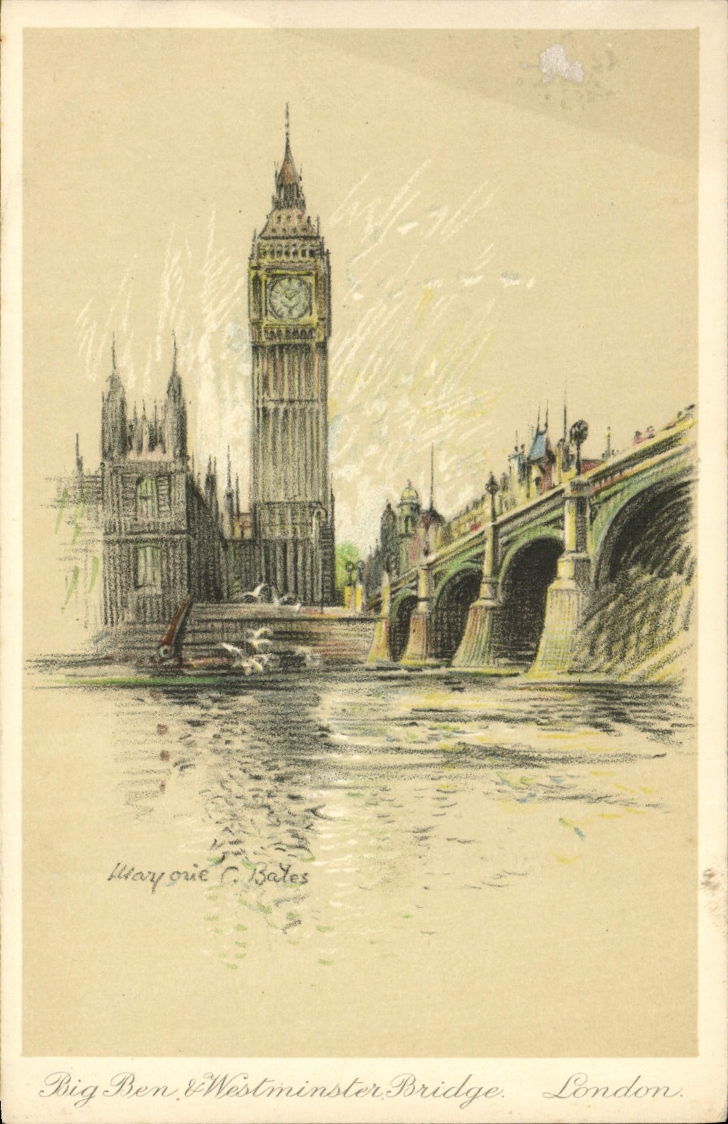 VINTAGE POSTCARD Illustrator Big Ben Westminster London Bridge
