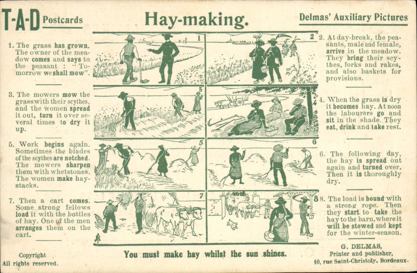 VINTAGE POSTCARD auxiliary tables Delmas TAD Hay making Teaching