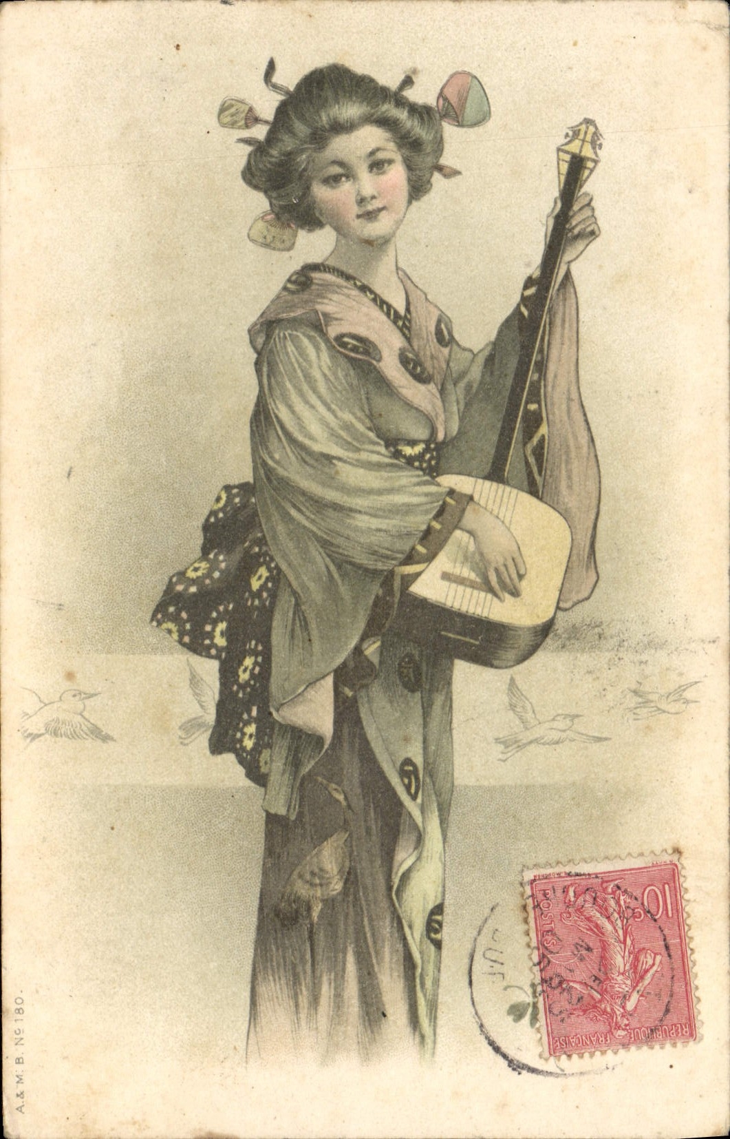 VINTAGE POSTCARD Japanese Japan Woman Folklore Music