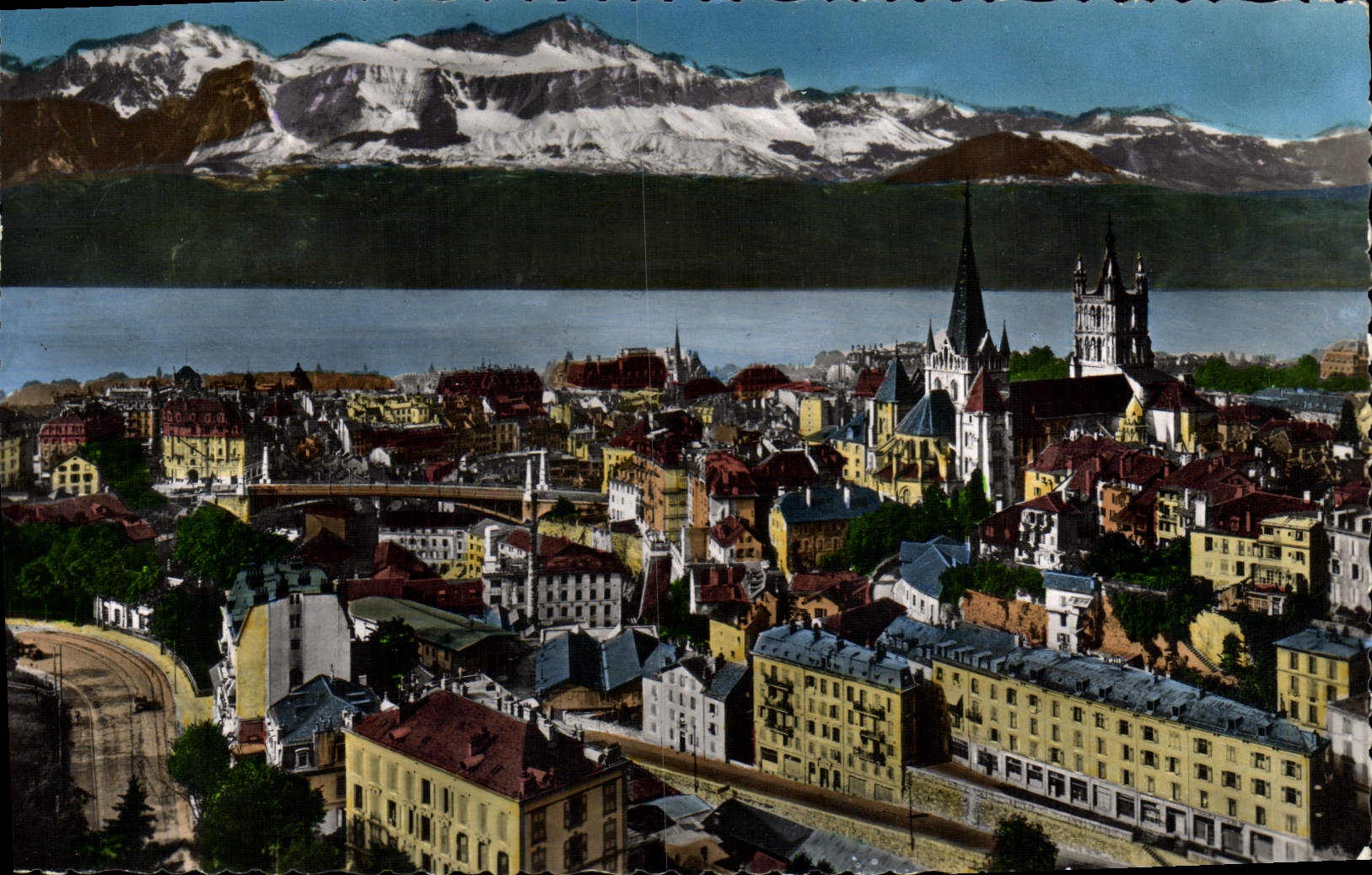 MODERN CARD Lausanne Bridge Bessieres Cathedral and the Alps