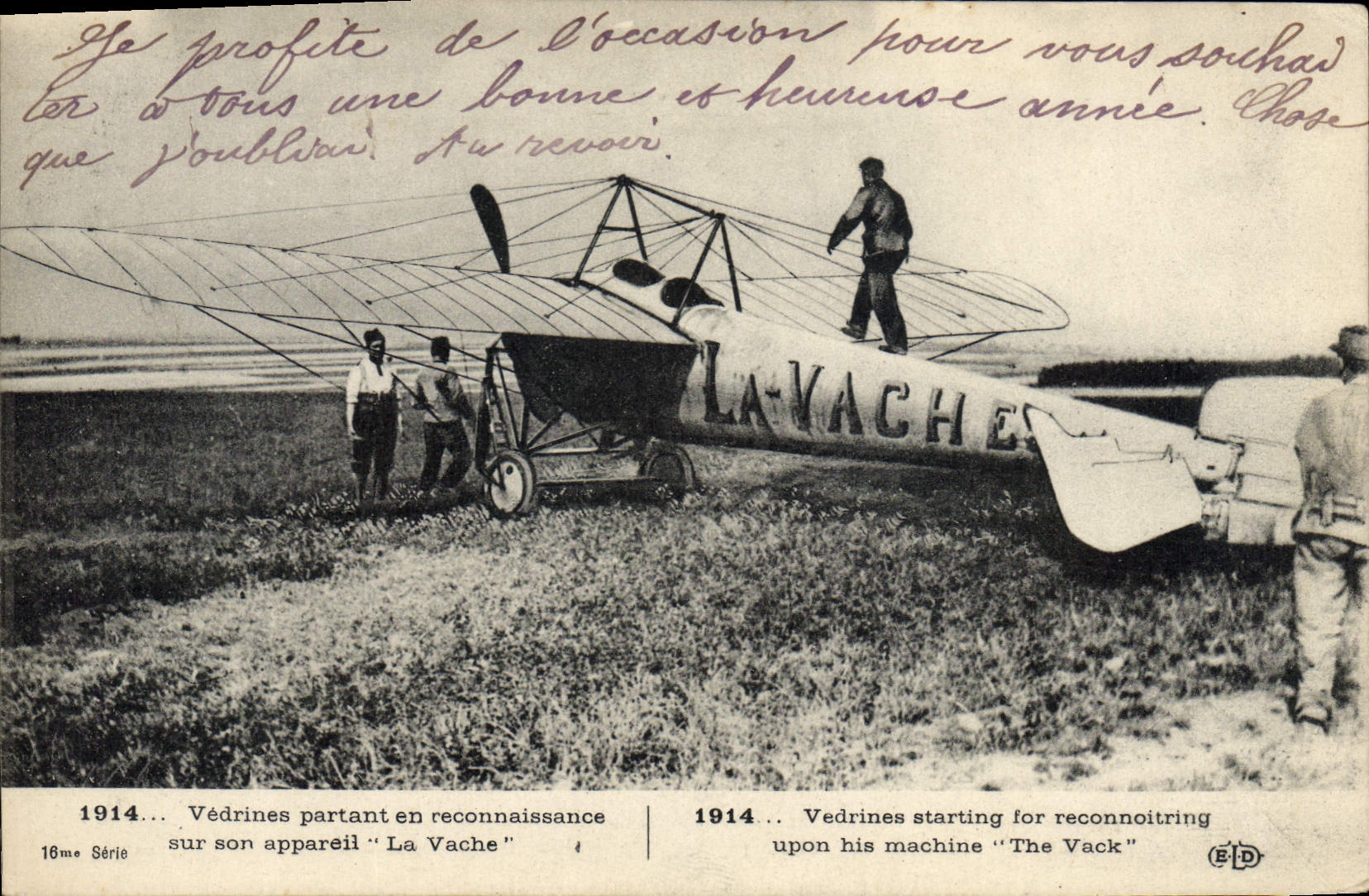 VINTAGE POSTCARD Plane Vedrines Aviation leaving in recognition on its apparatus the Cow