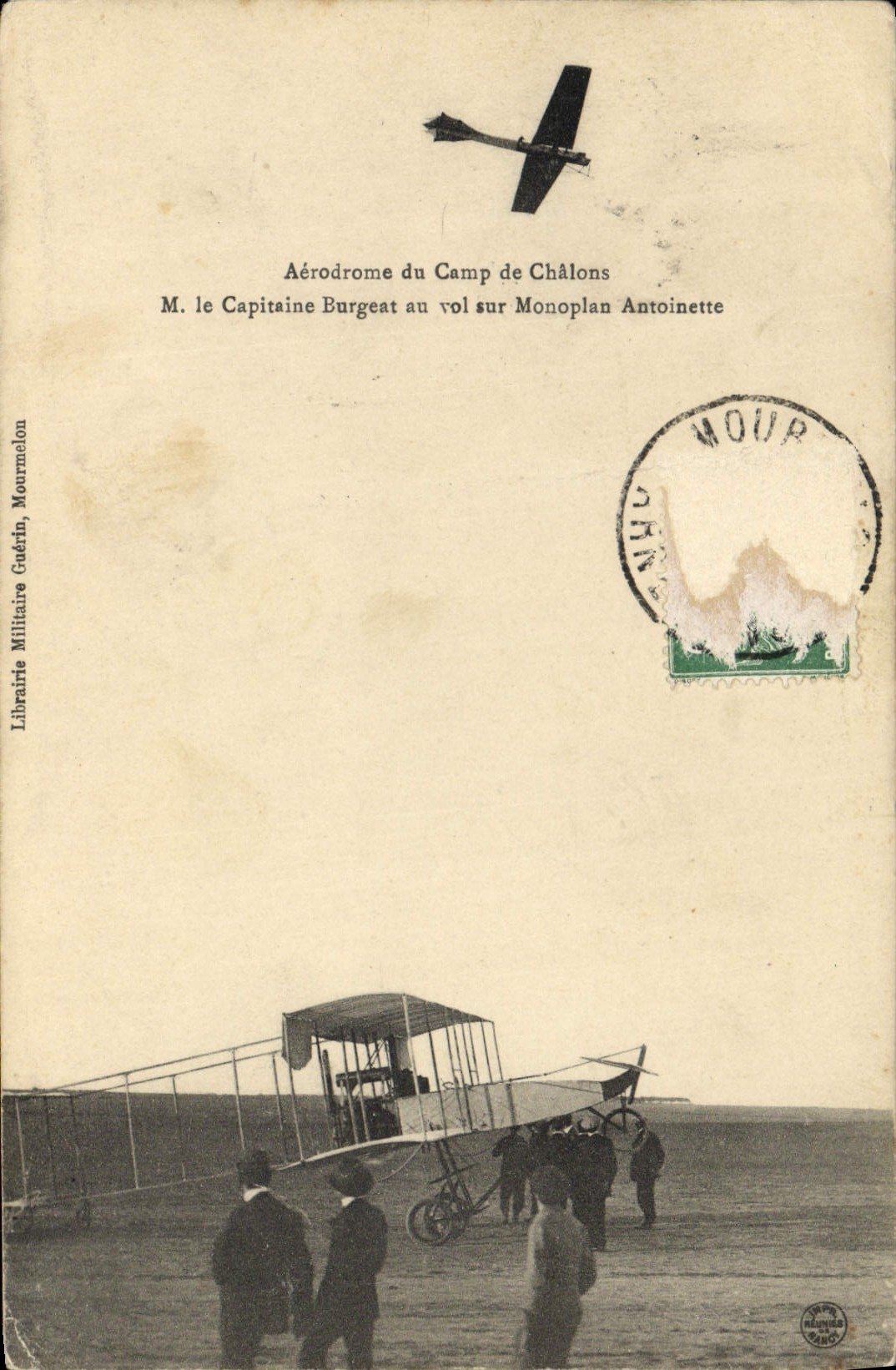 VINTAGE POSTCARD Plane Aviation Aerodrome of the Camp of Trawl-nets M the Burgeat Captain with the flight on monoplane Antoinette