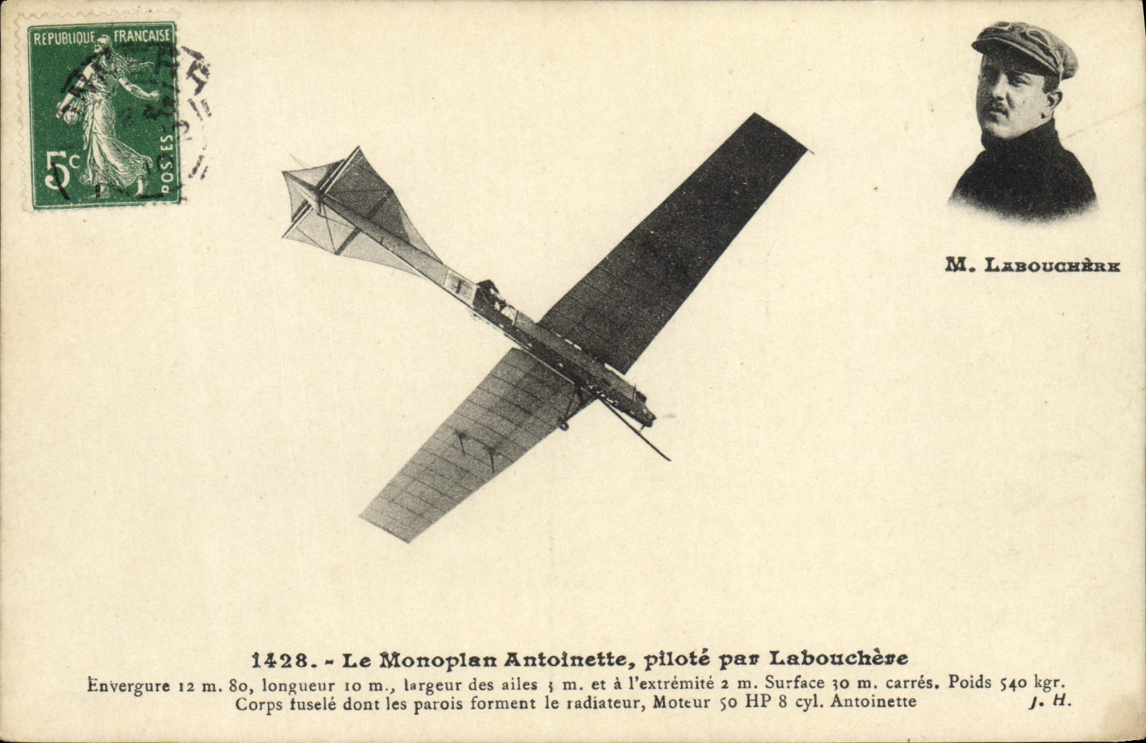 VINTAGE POSTCARD Avion Aviation Monoplane Antoinette controls by Laboucher E