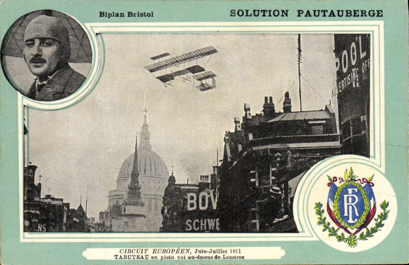 VINTAGE POSTCARD Plane Aviation Biplane Bristol-board European Circuit June Tabuteau July 1911 in full flight London