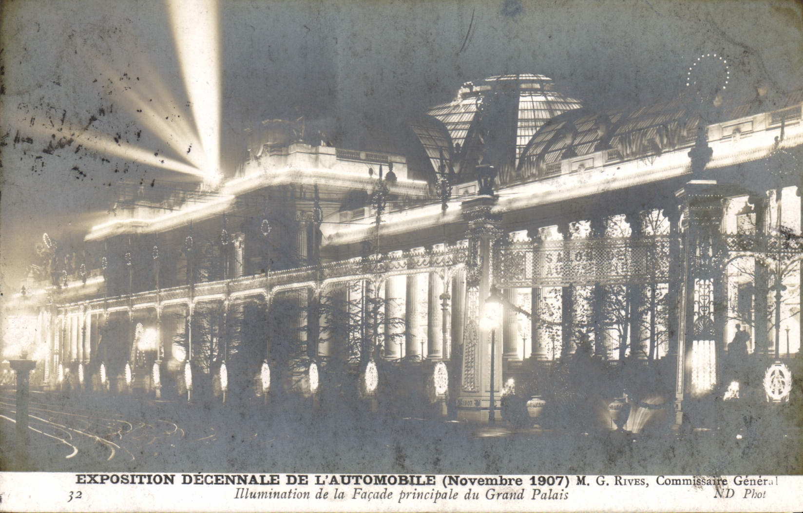 CPA Automobile Exposition decennale de l'automobile Novembre 1907 Illumination de la facade principale du Grand Palais 