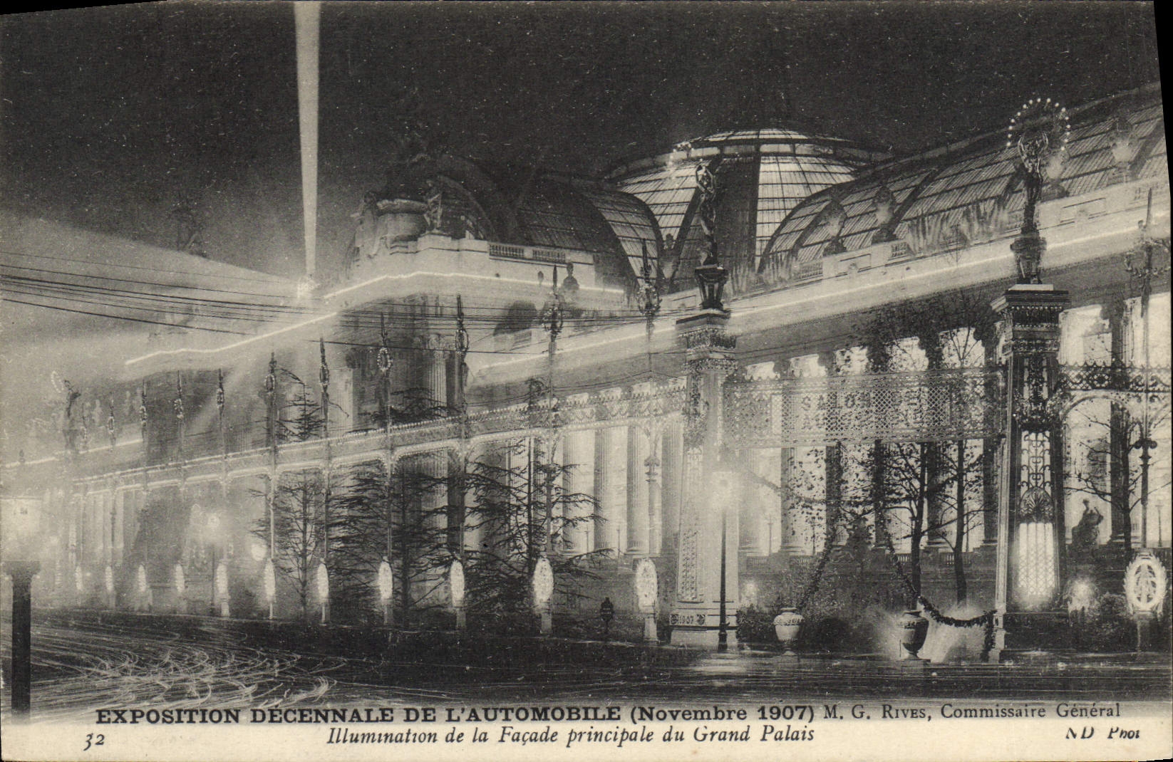 CPA Automobile Exposition decennale de l'automobile Novembre 1907 Illumination de la facade principale du Grand Palais 