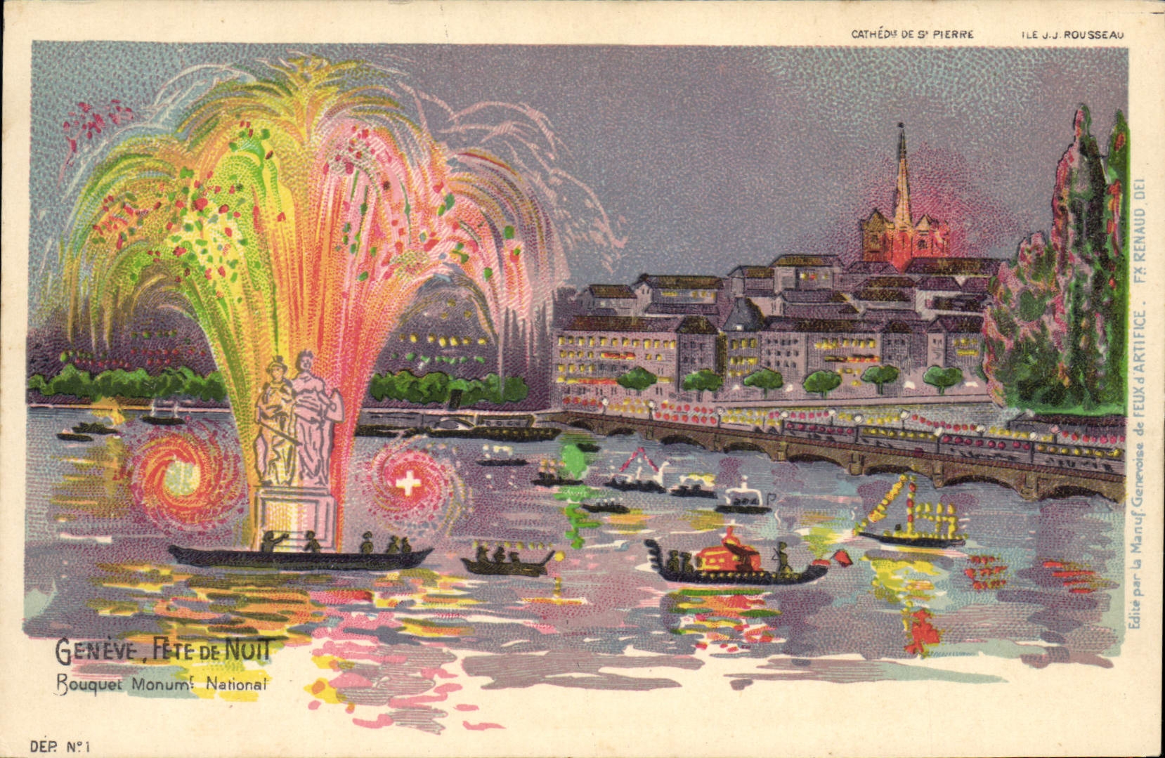 CPA Illustrateur Geneve Fete de nuit Bouquet monumental national 