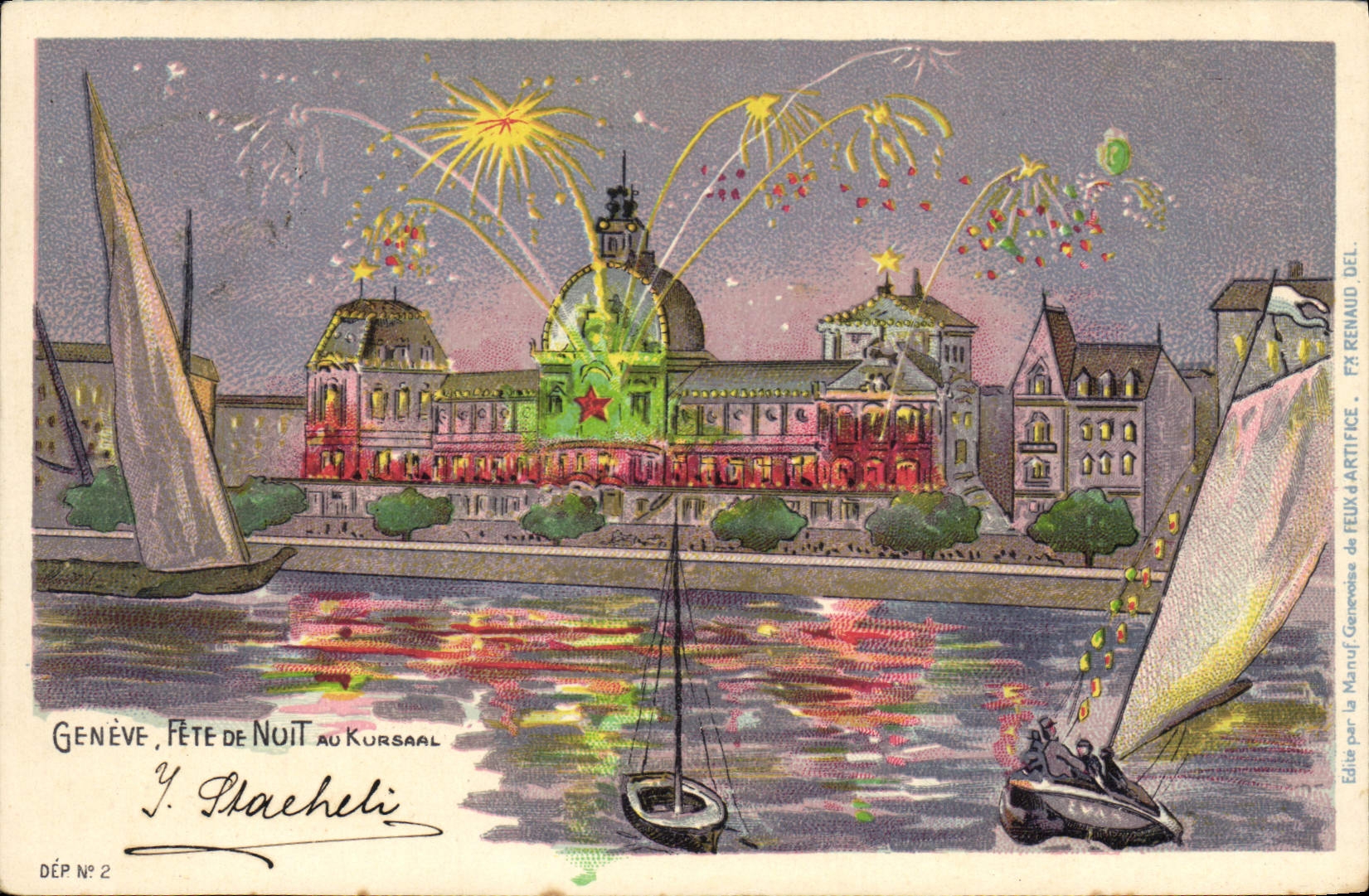 VINTAGE POSTCARD Illustrateur Geneva Celebrates of Night to the kursaal