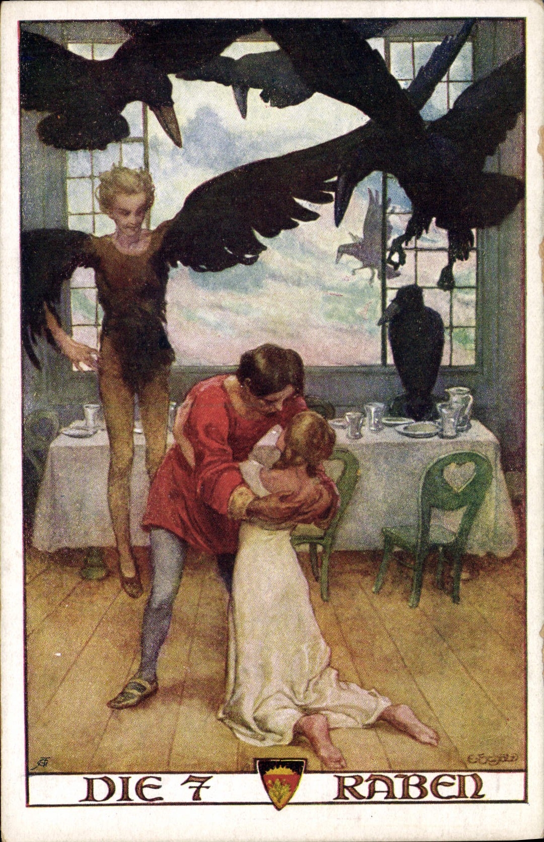 CPA Illustrateur Die 7 Raben Corbeau 