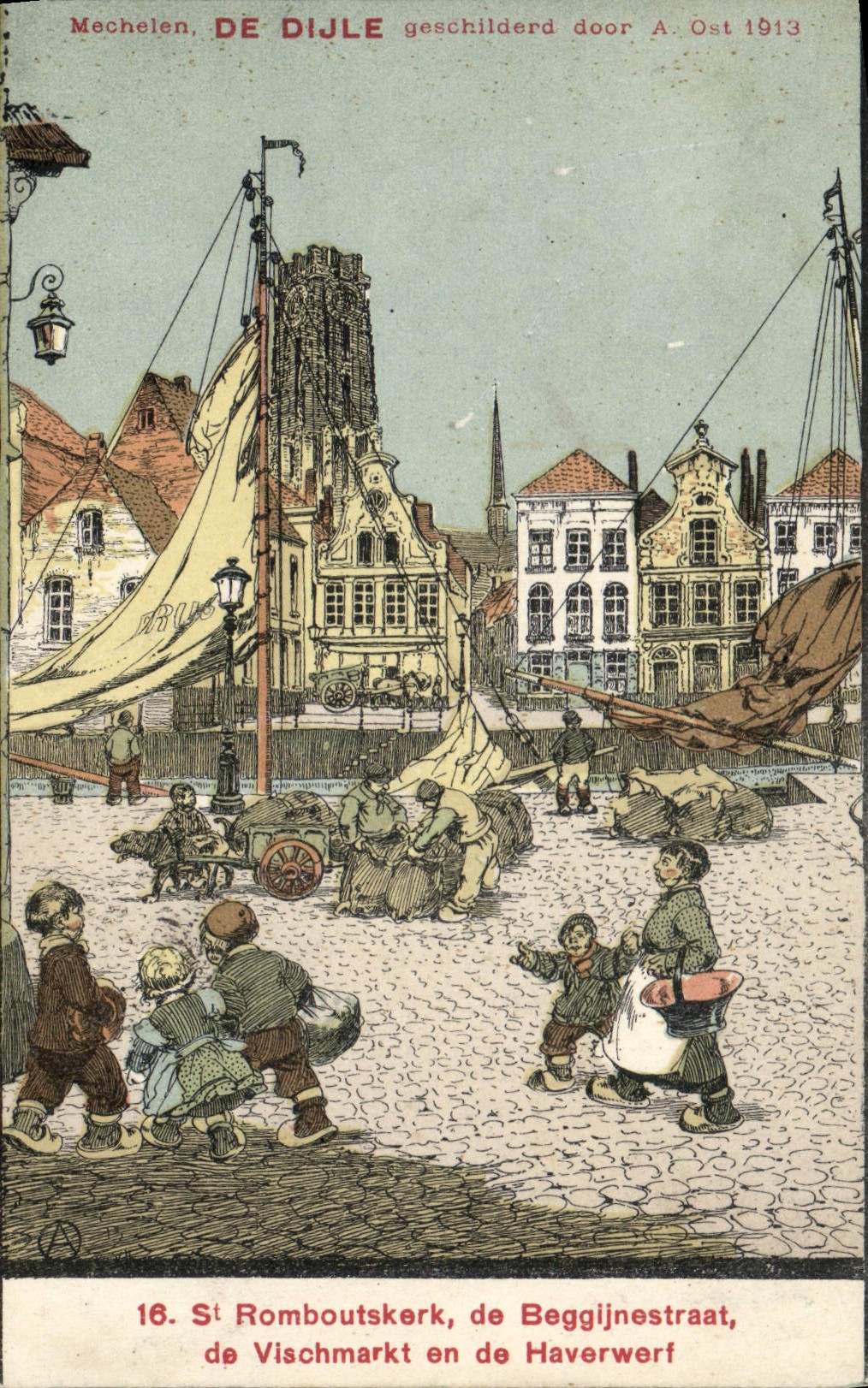CPA Illustrateur St Romboutskerk de Beggijnestraat de Vischmarkt en de Haverwert Mechelen De Dijle 