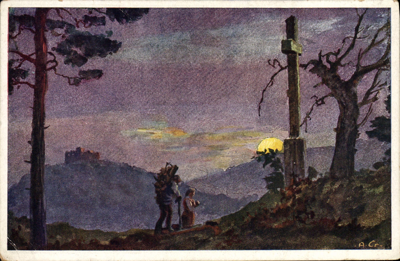 VINTAGE POSTCARD Illustrator Abend amndt Hambacher Wetterkreuz