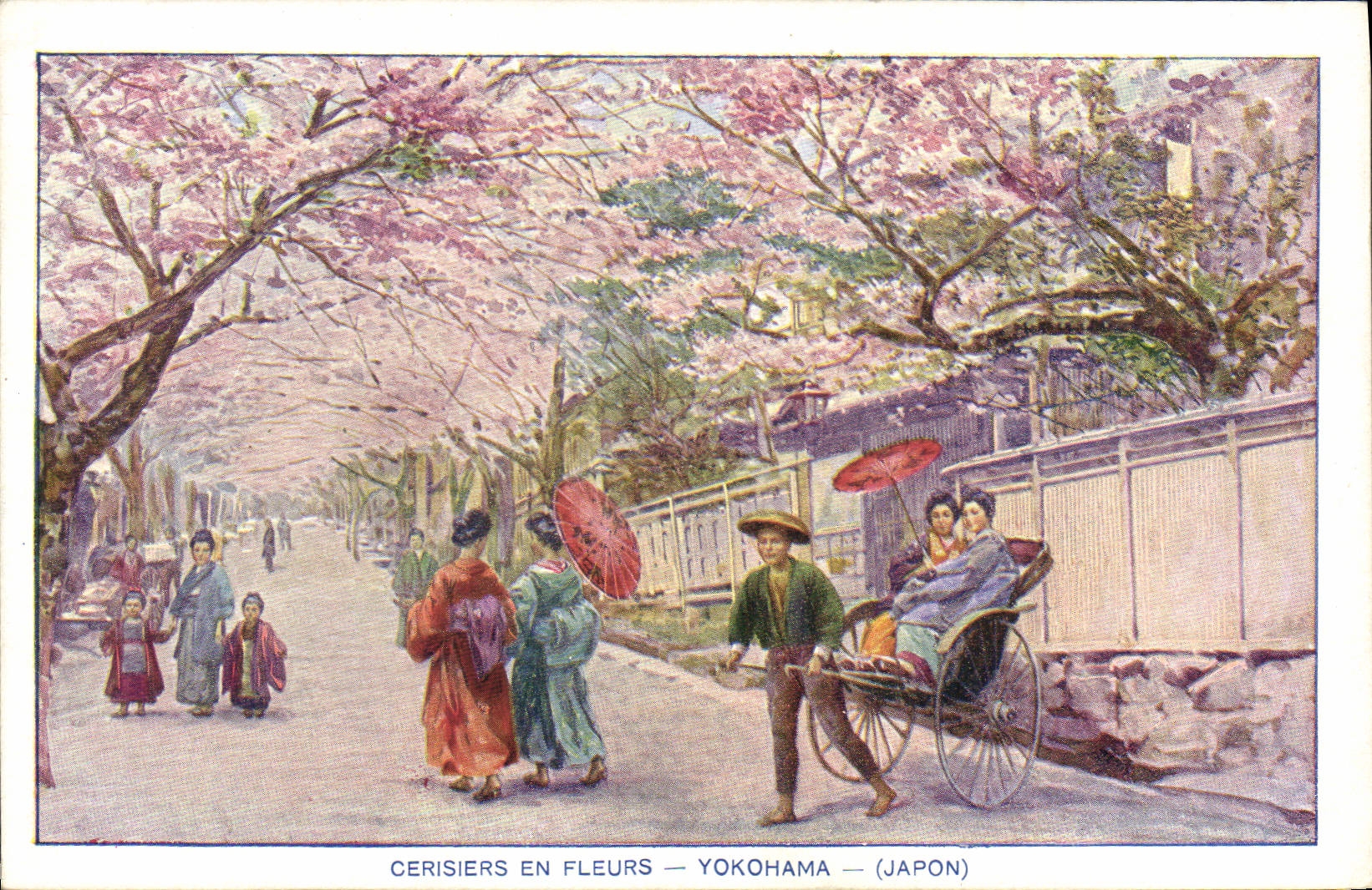 VINTAGE POSTCARD Japanese Japan Cherry trees in flowers Yokohama Folklore