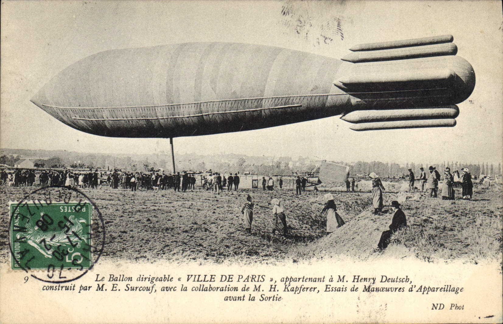 VINTAGE POSTCARD Plane Aviation Zeppelin Airship Town of Paris Henry Deutsch Surcouf Tests of operations of equipment