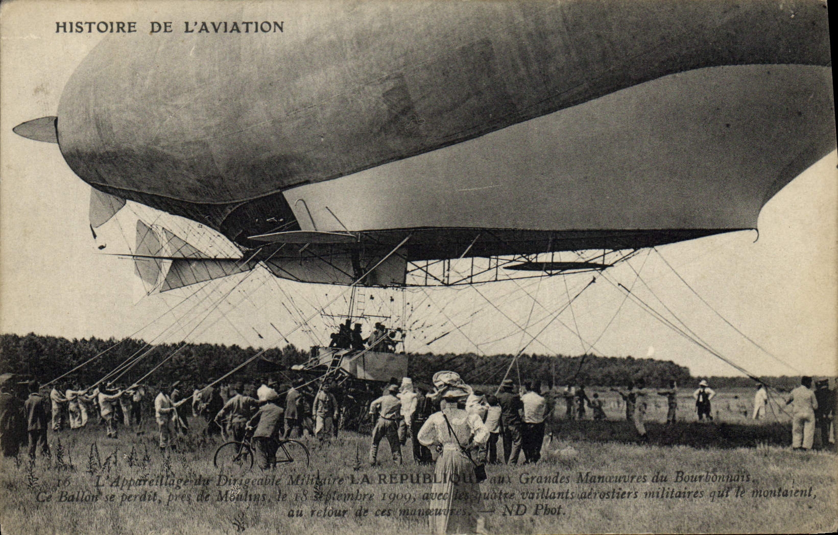 VINTAGE POSTCARD Plane Aviation Zeppelin Airship the Republic army maneuvers of Bourbonnais