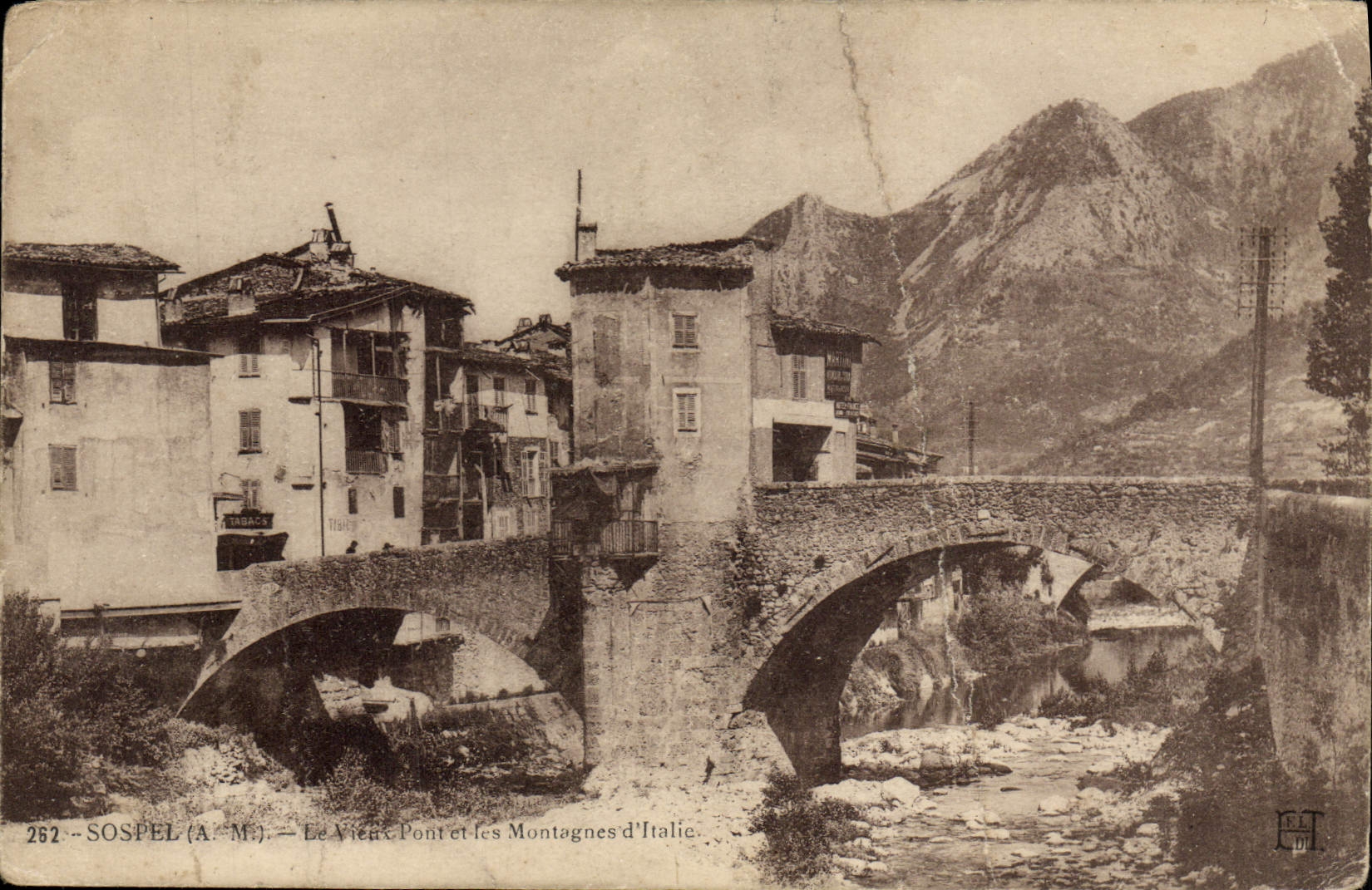 VINTAGE POSTCARD Sospel And Vieux Bridge And Mountains of Italy