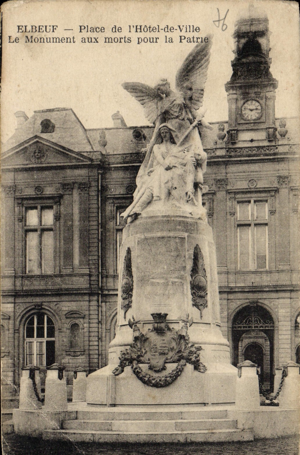 De la VENDIMIA de la POSTAL ayuntamiento de Place De I' Elbeuf el monumento de la guerra para la patria