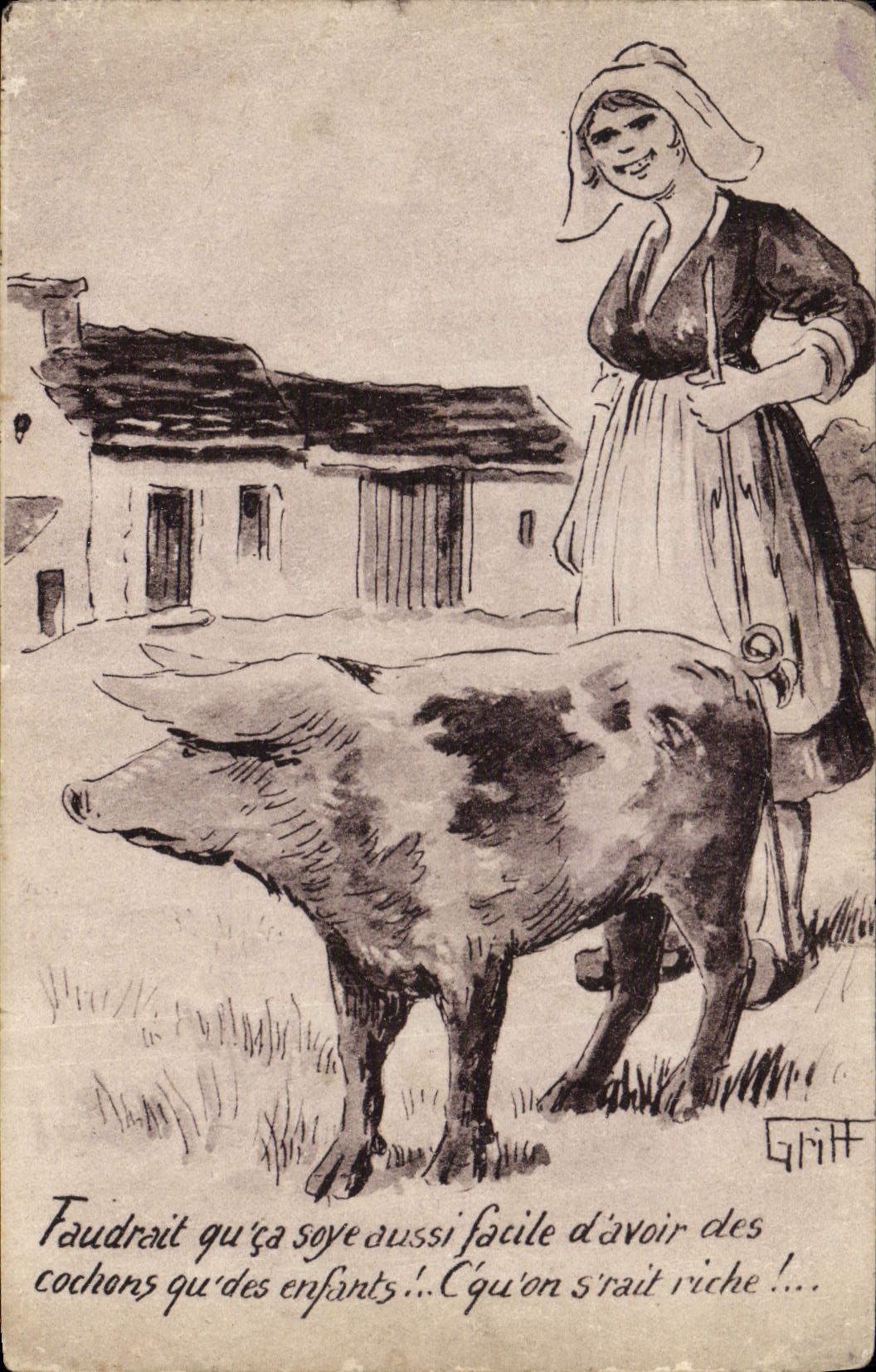 Folklore del cerdo del cerdo de la POSTAL de la VENDIMIA