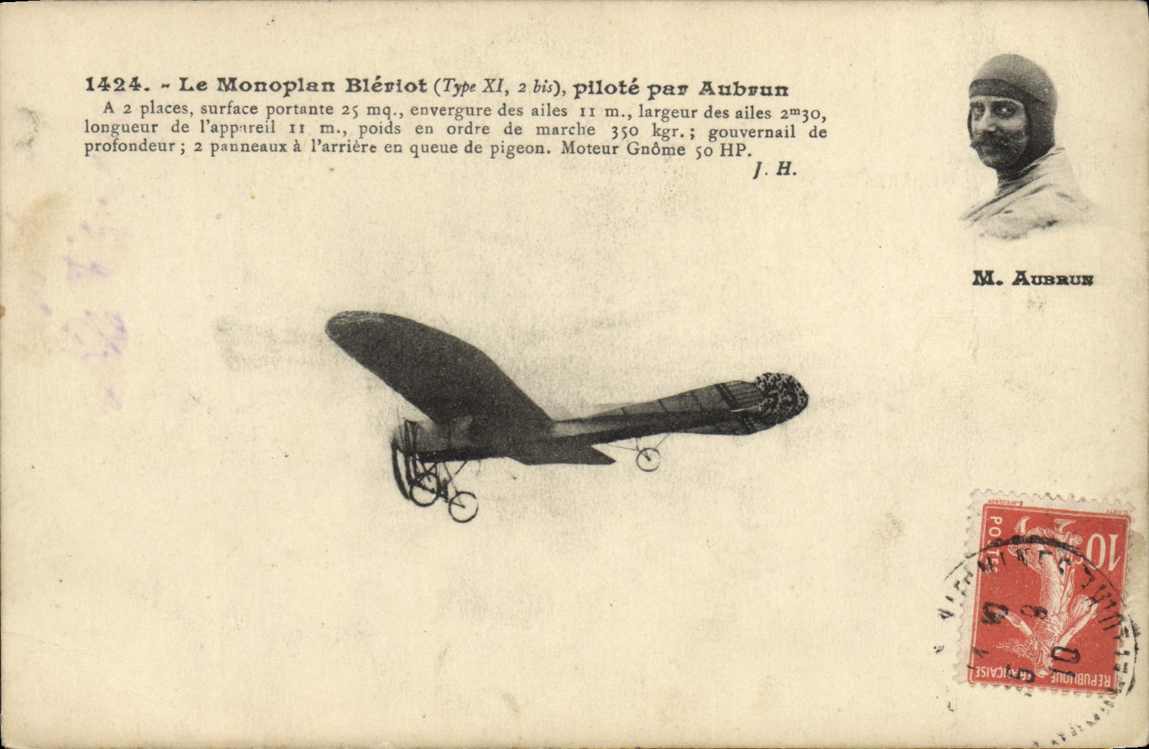 VINTAGE POSTCARD Avion Aviation Bleriot Monoplane controls by Aubrun