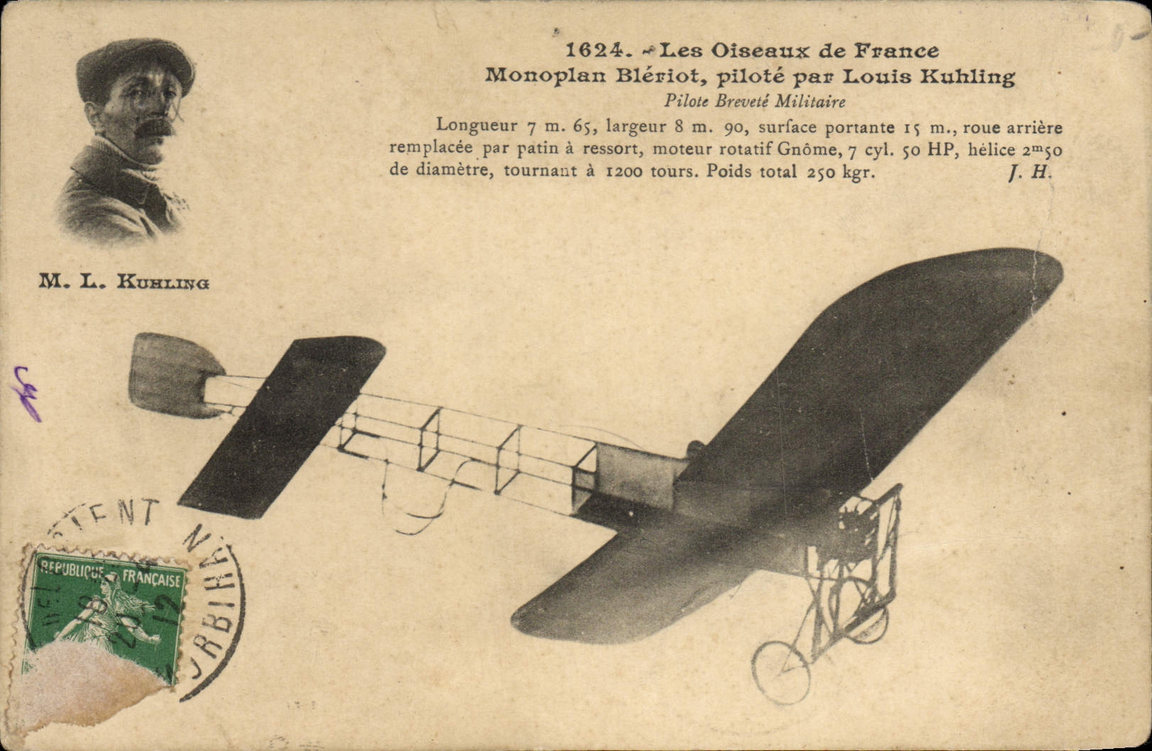 VINTAGE POSTCARD Avion Aviation Bleriot Monoplane controls by Louis Kuhling