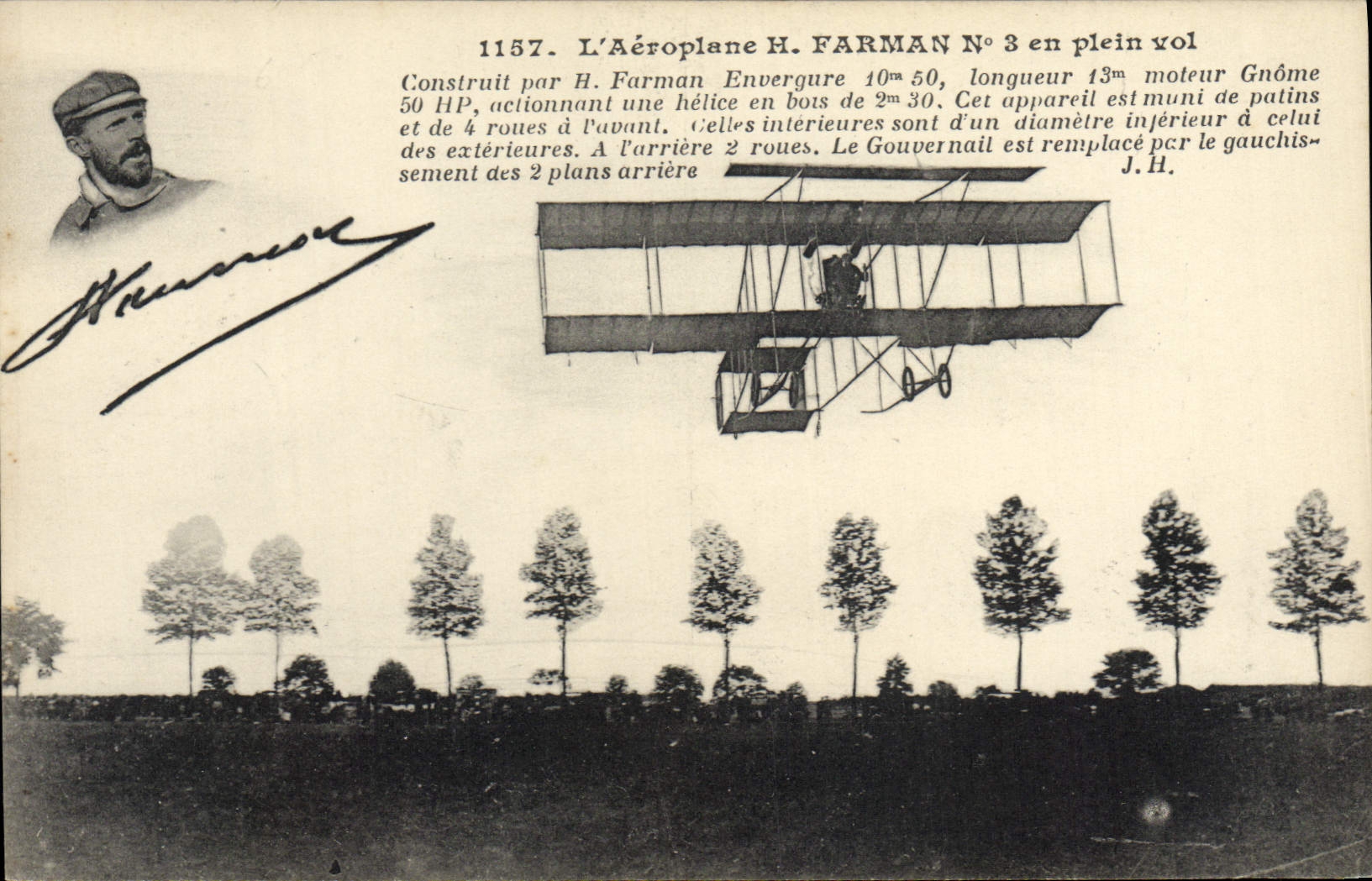 VINTAGE POSTCARD Plane Aviation Airplane H Farma in full flight