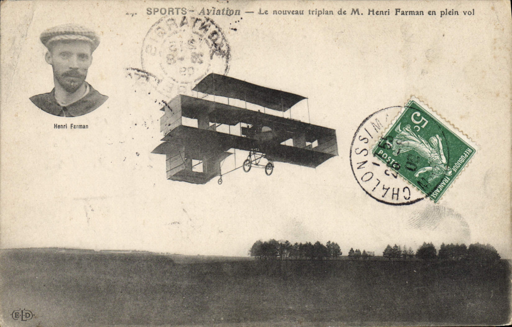VINTAGE POSTCARD Plane Aviation the new triplane one of Mr. Henri Farman in full flight