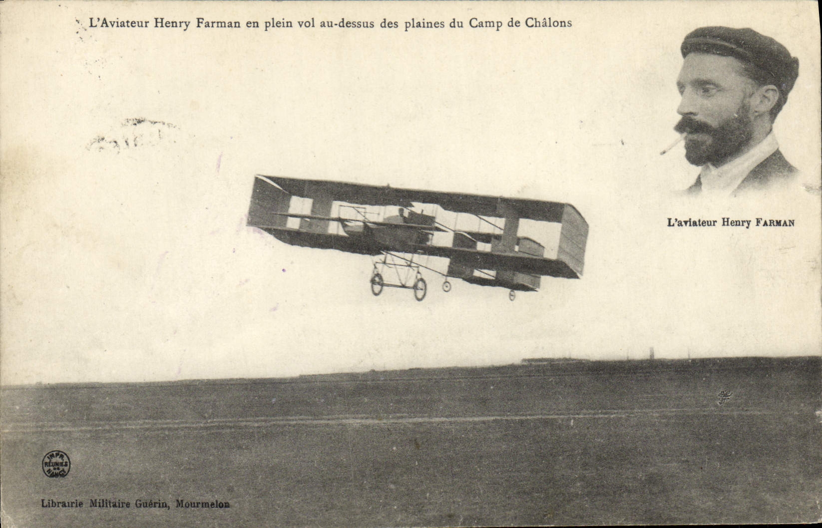 VINTAGE POSTCARD Plane Aviation the aviator Henry Farman in full flight with the top of the plains of the Camp of Trawl-nets
