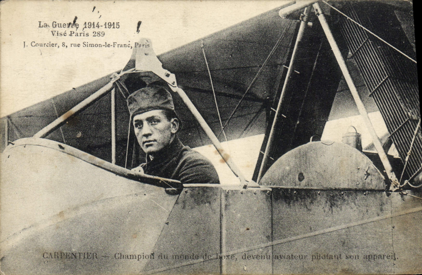 Campeón del mundo de Carpentier de la aviación del plano de la POSTAL de la VENDIMIA del aviador del boxeo que controla su aparato
