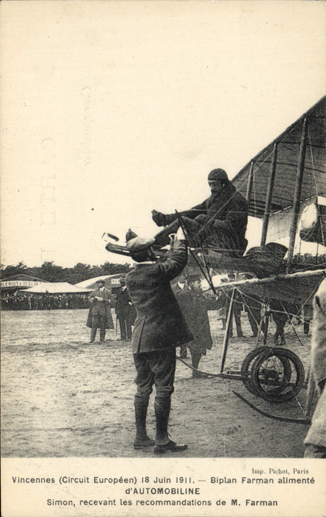 VINTAGE POSTCARD Avion Aviation Vincennes June 18th, 1911 Biplan Farman feeds from Automobiline Simon receiving Farman recommendations