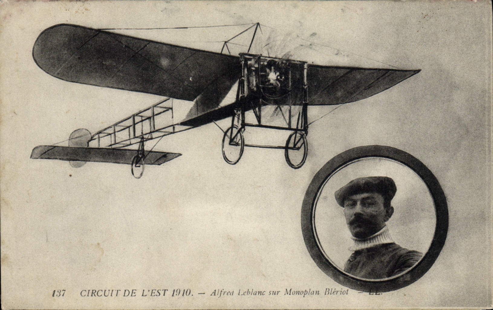 VINTAGE POSTCARD Plane Aviation Circuit of the East 1910 Alfred Leblanc on Bleriot monoplane