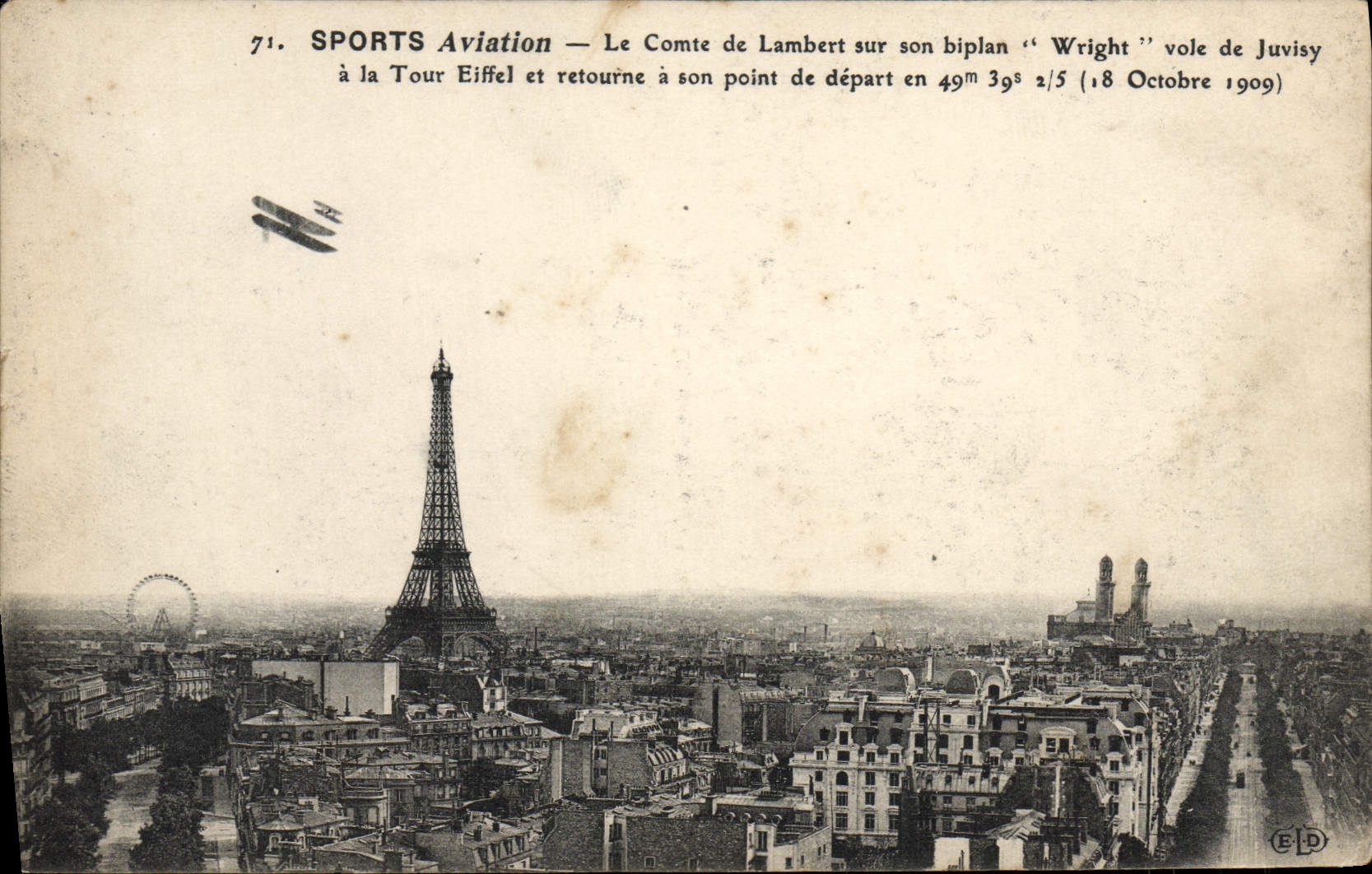 VINTAGE POSTCARD Avion Aviation the count of Lambert on his Wright biplane flies of Juvisy to the Eiffel Tower