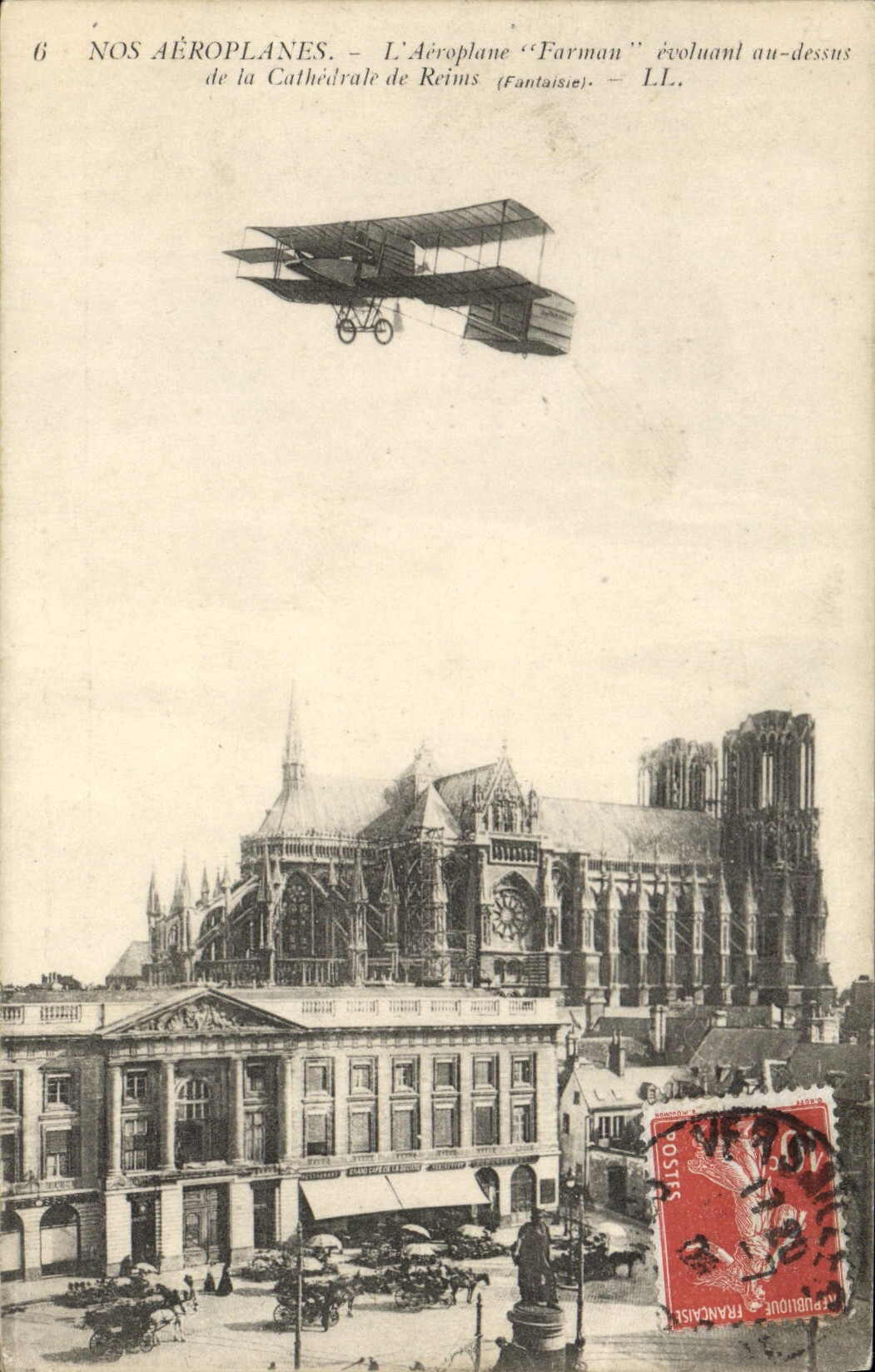 VINTAGE POSTCARD Plane Aviation Farman Airplane evolving/moving with the top of the cathedral of Rheims