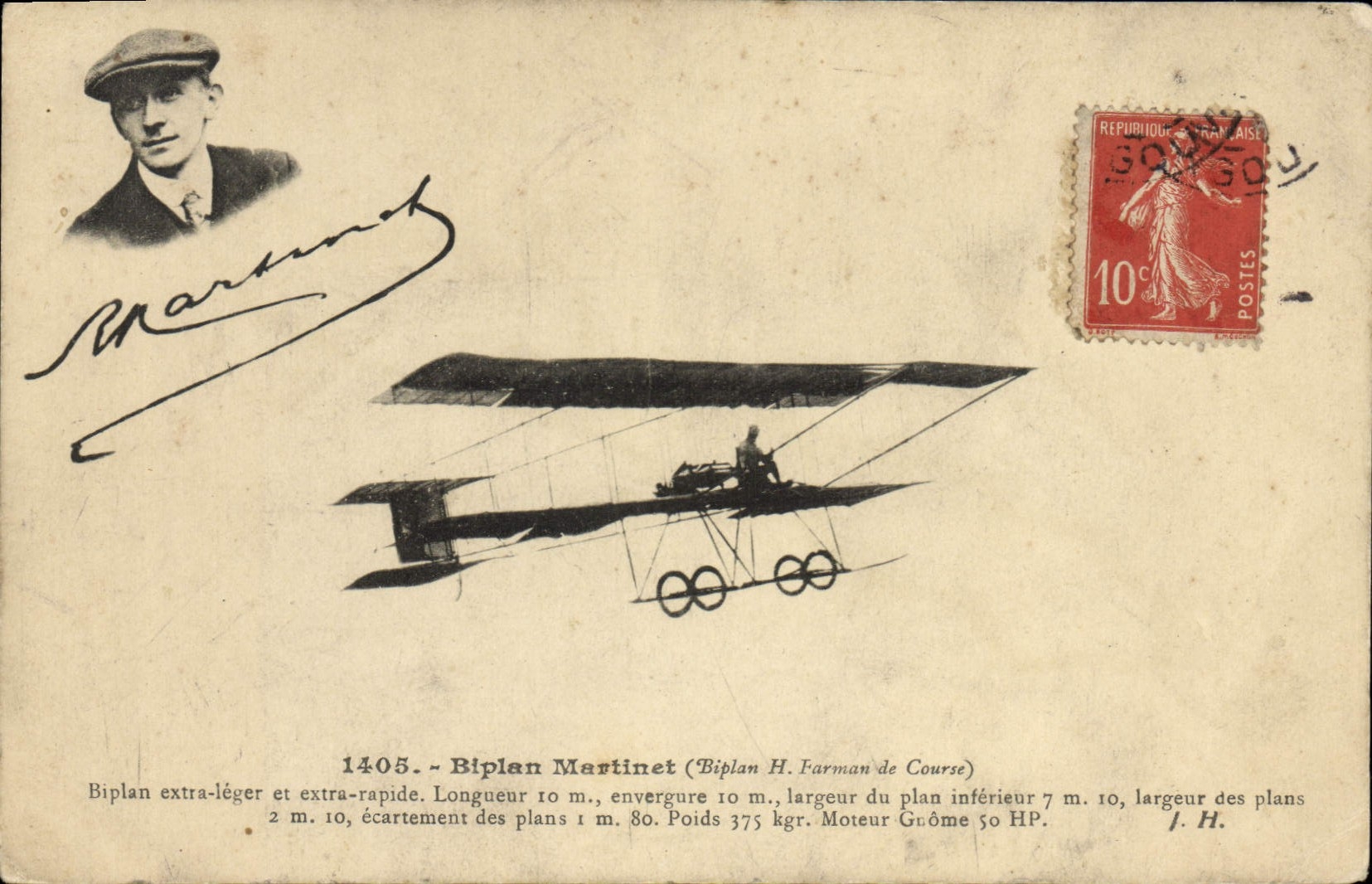 VINTAGE POSTCARD Plane Aviation Biplane Biplane Trip hammer H Farman of race