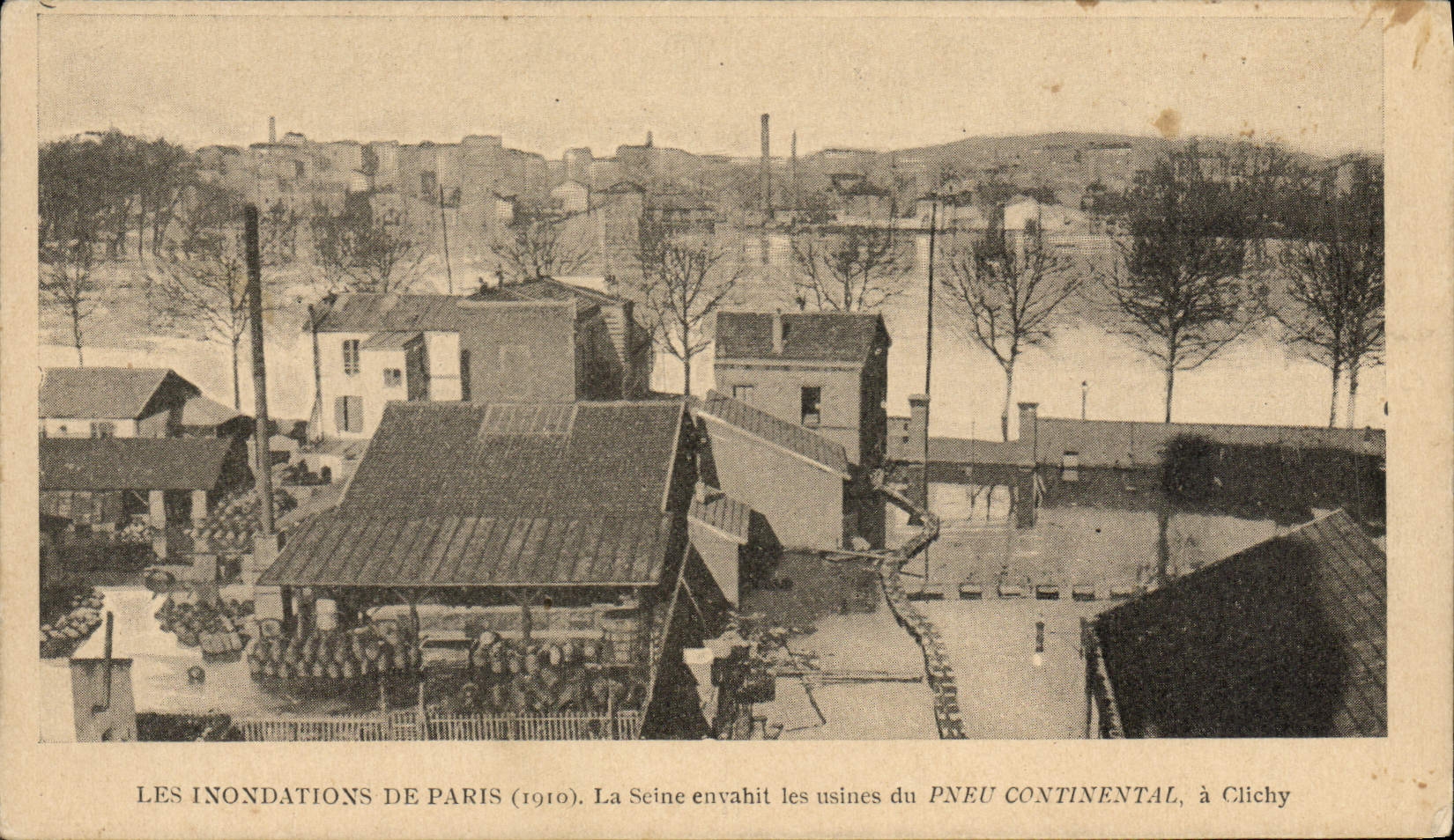 VINTAGE POSTCARD Automobile Floods of Paris 1910 the Seine invades the factories of the Continental Tire has Clichy