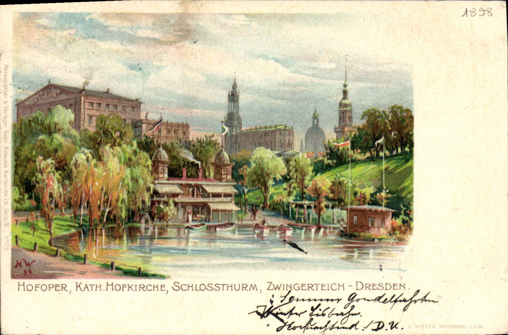 VINTAGE POSTCARD Illustrator 1898 Hofoper Kath Hofkirche Schlossthurm Zwingerteich Drsden