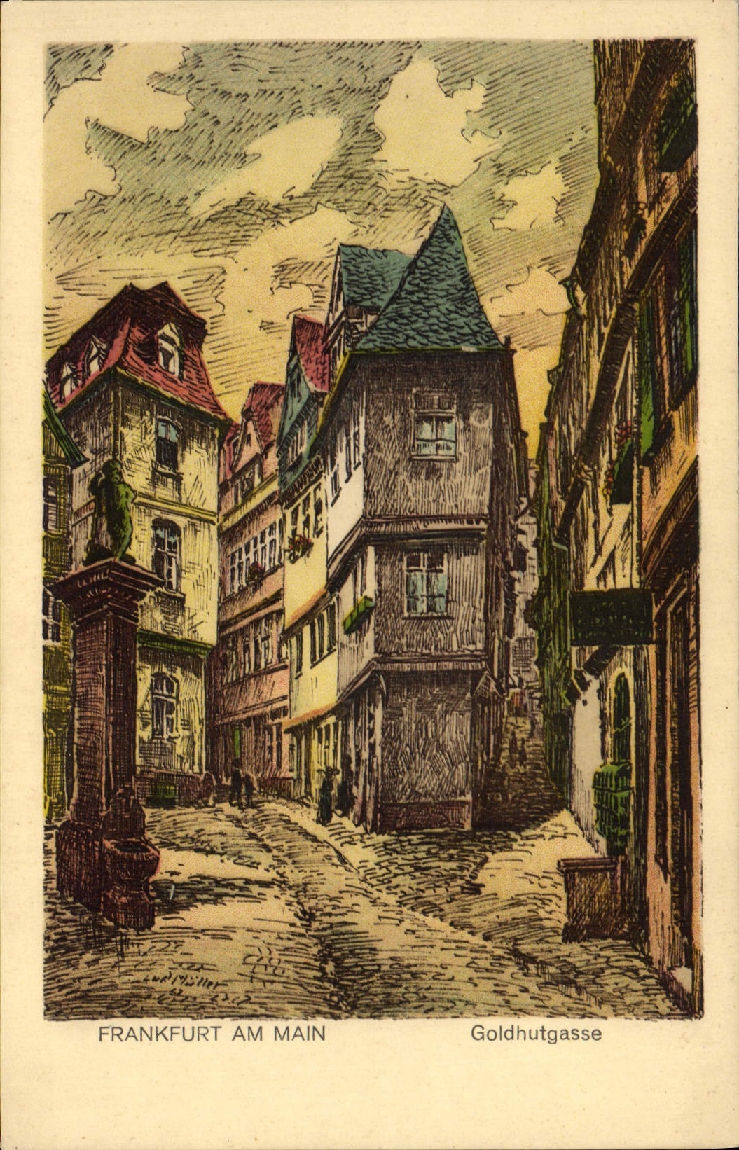 VINTAGE POSTCARD Illustrator Frankfurt amndt Goldhutgasse hand