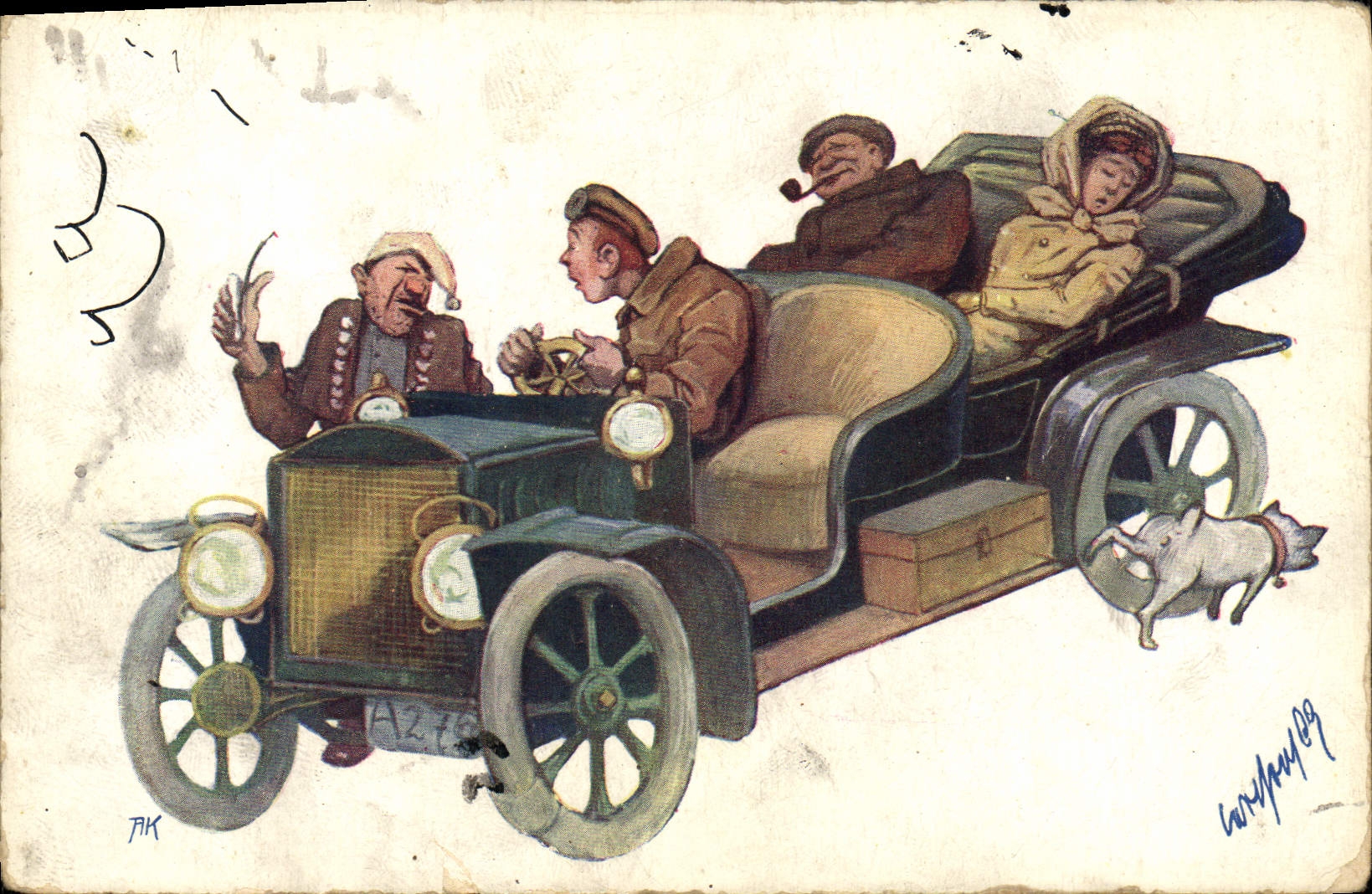 CPA Illustrateur Automobile Chien 