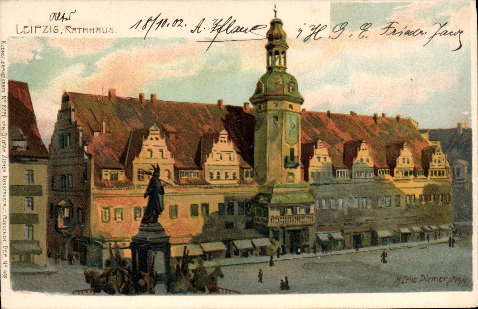 VINTAGE POSTCARD Illustrator Leipzig Rathhaus