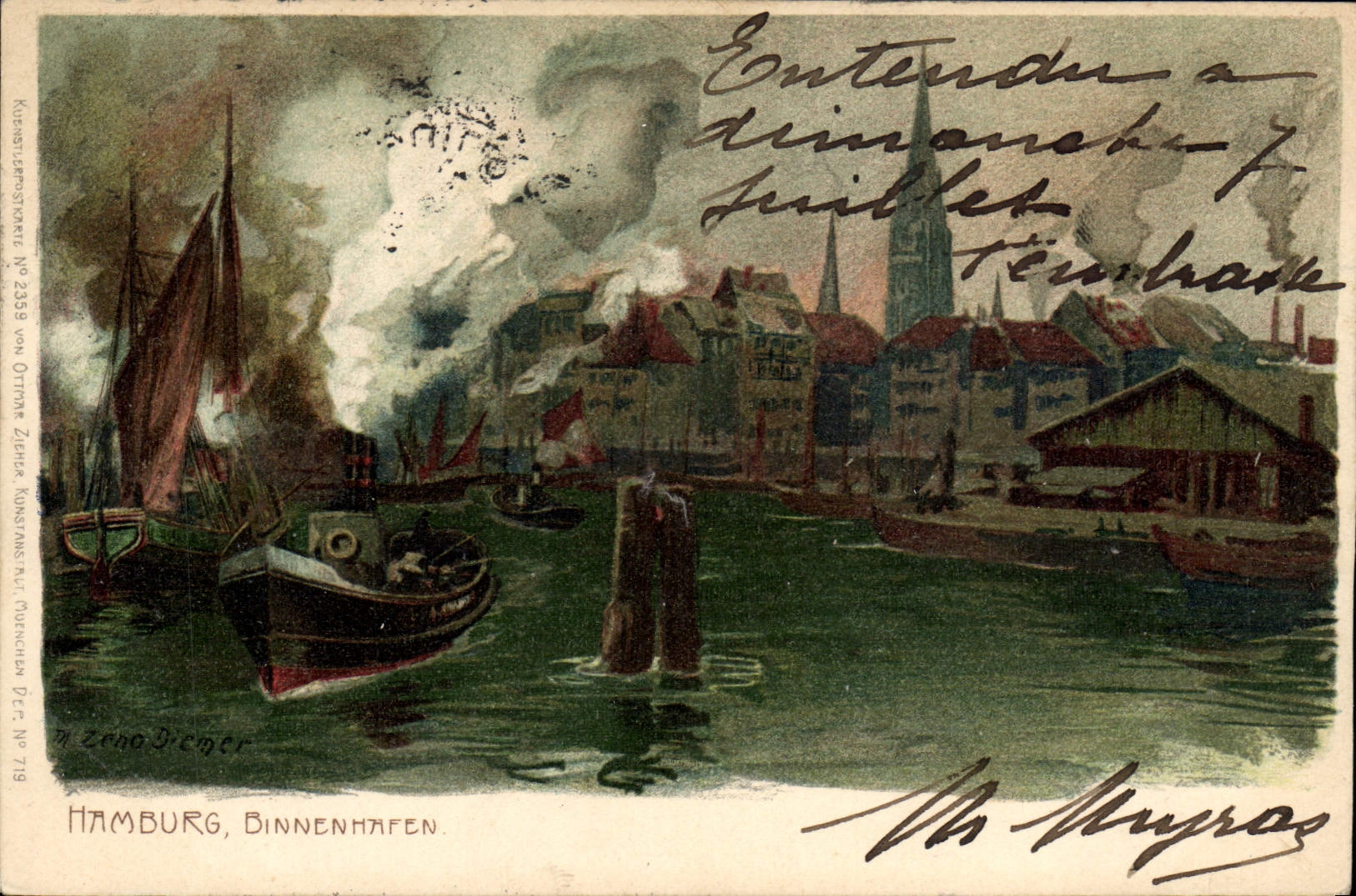 CPA Illustrateur Hamburg Binenhafen Bateaux 