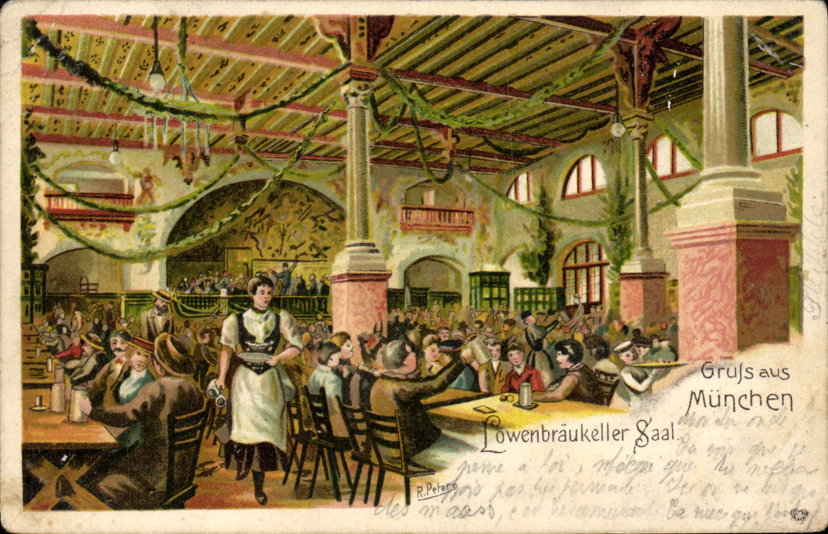 CPA Illustrateur Munchen Lowenbraukeller Saal