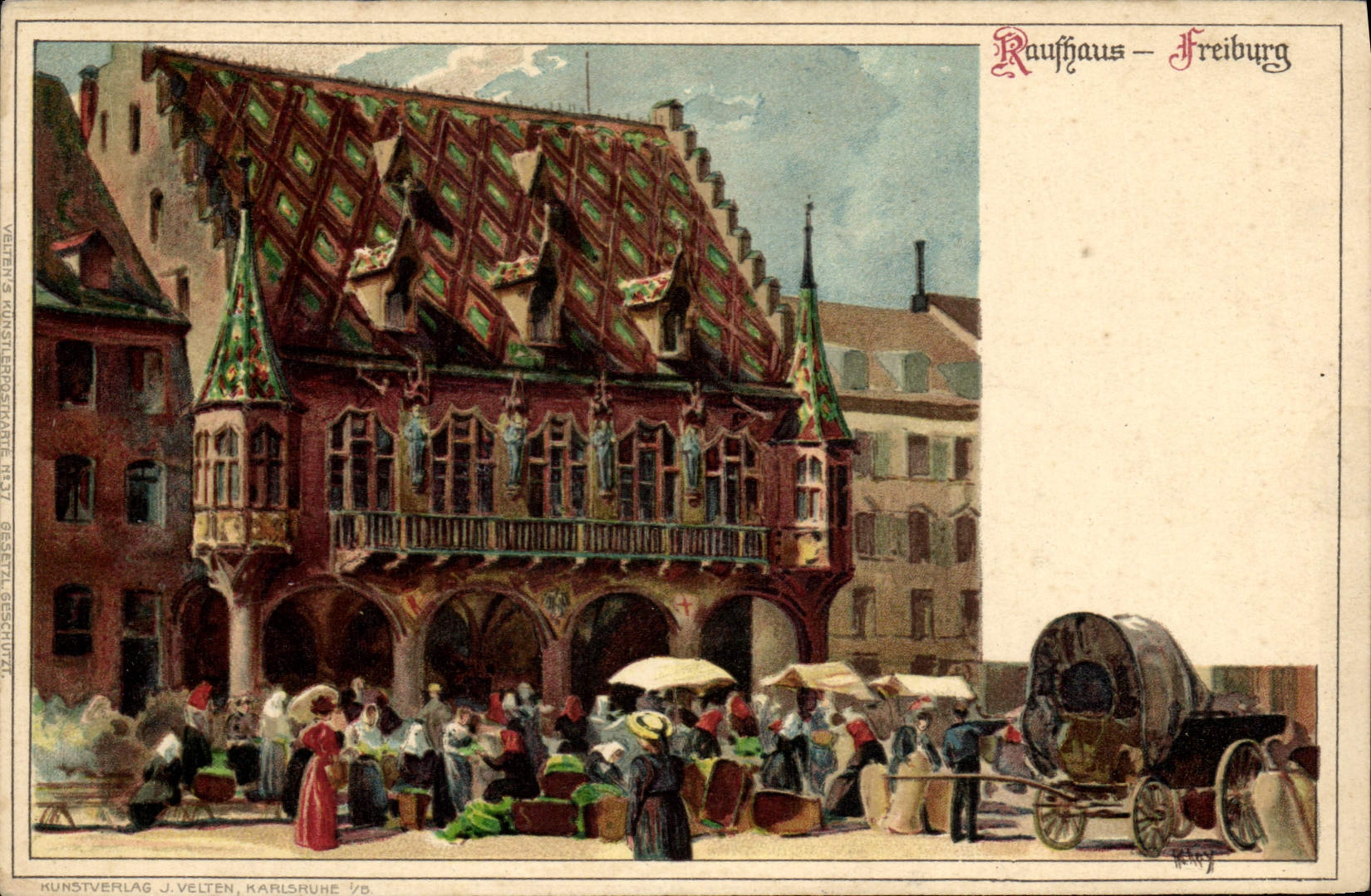 VINTAGE POSTCARD Illustrator Rathhaus Freiburg