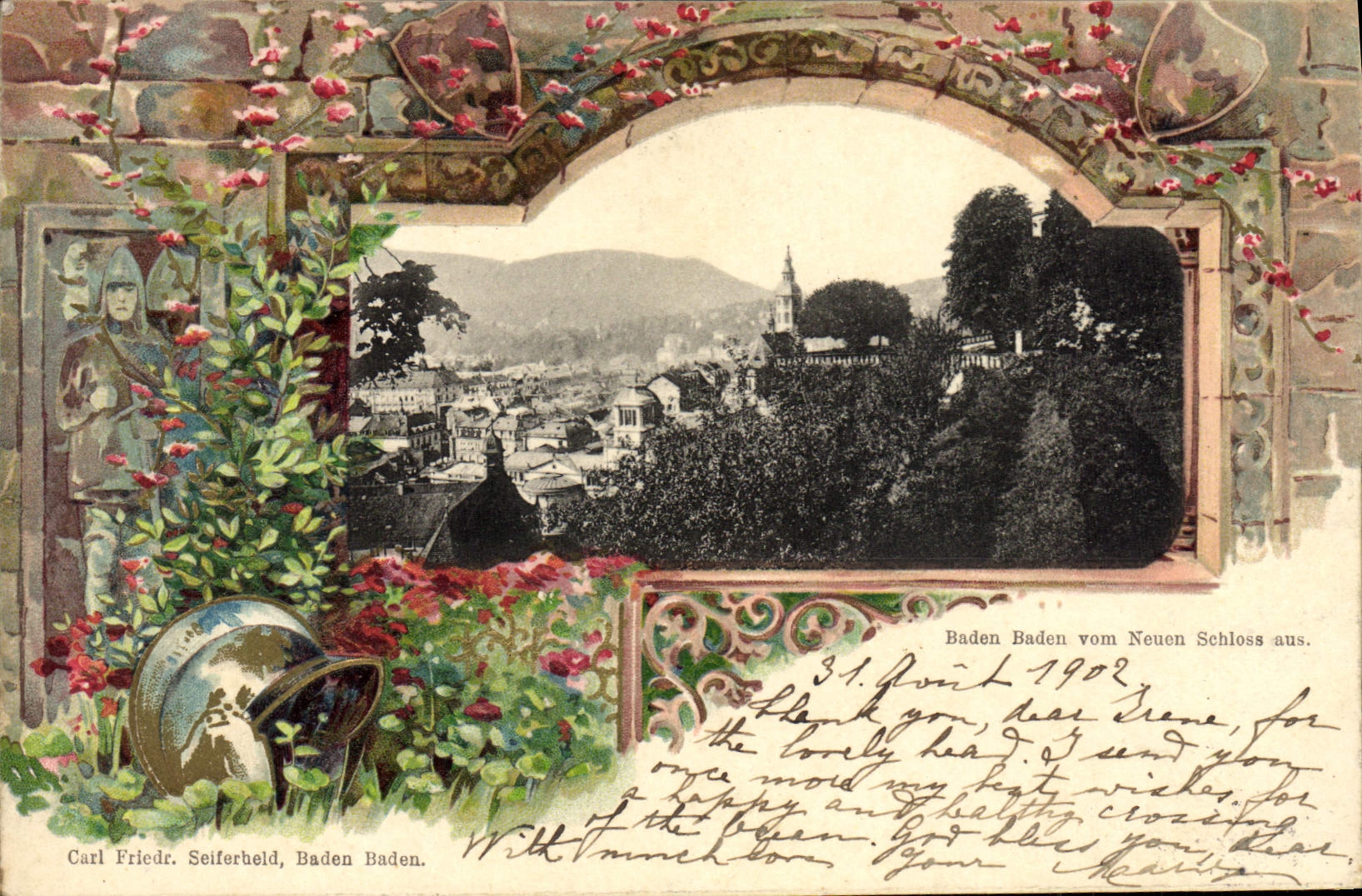 CPA Illustrateur Baden Baden vom Neuen Schloss aus 