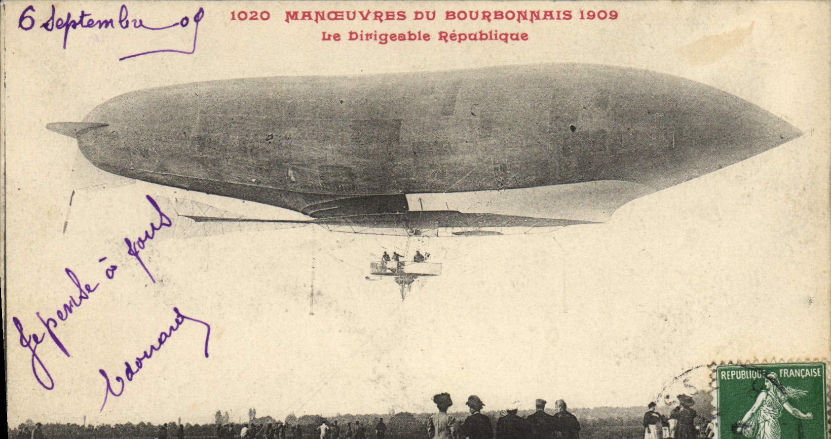 CPA Aviation Zeppelin Dirigeable Manoeuvres du Bourbonnais 1909 Le dirigeable Republique