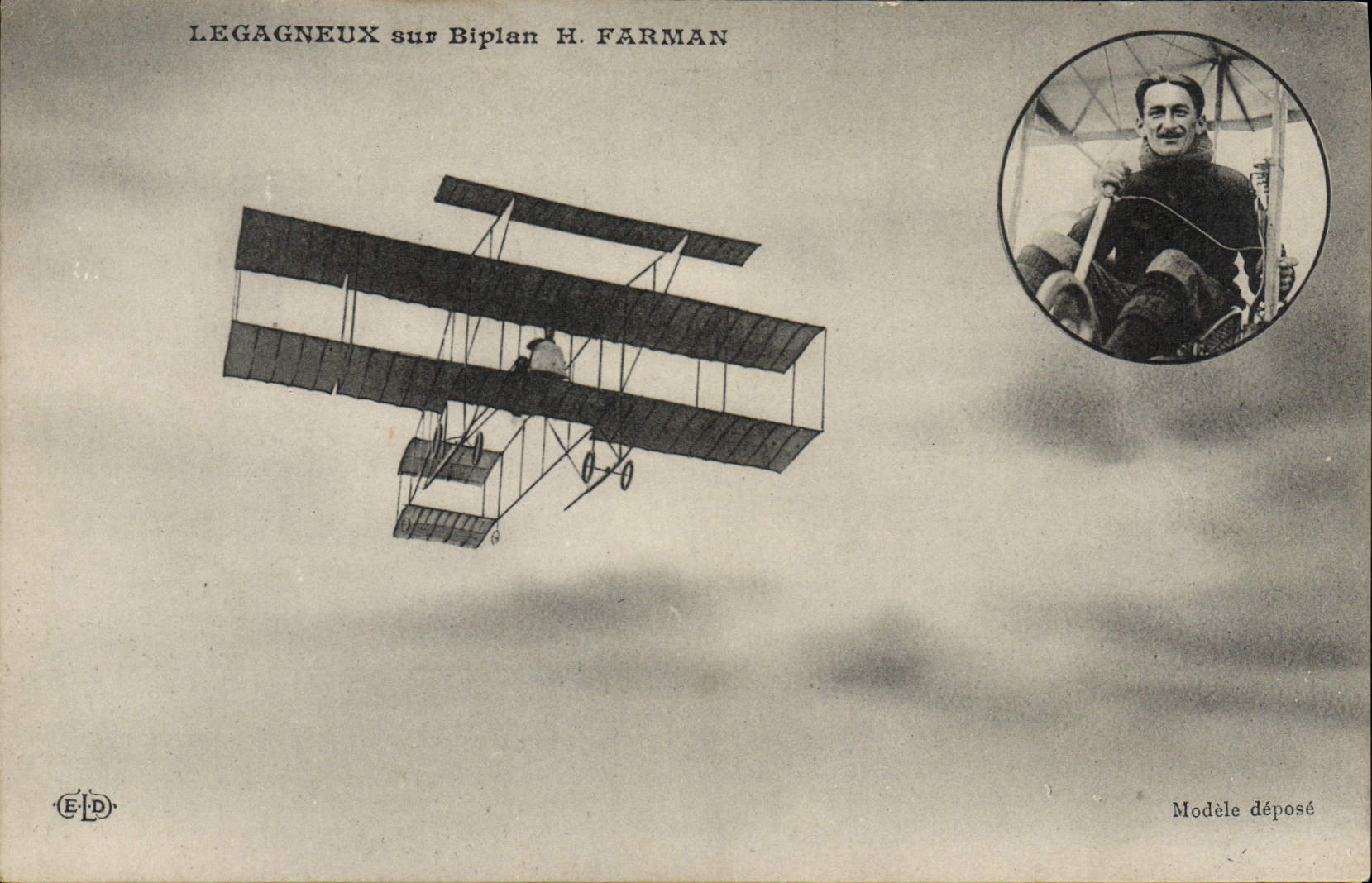 VINTAGE POSTCARD Legagneux Aviation on Farman biplane