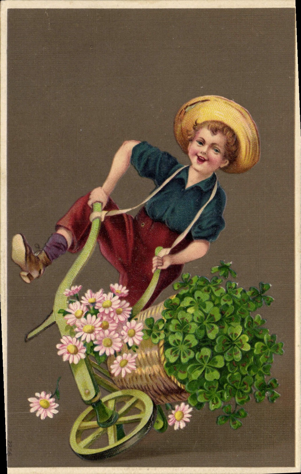 VINTAGE POSTCARD Fantasy Child Wheelbarrow Clover
