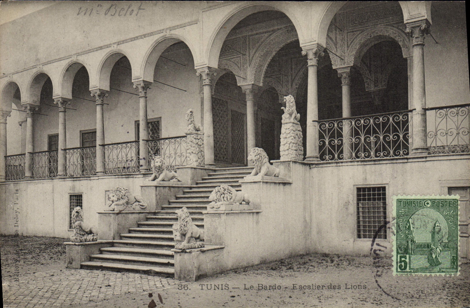 Escalera de Túnez Bardo de la POSTAL de la VENDIMIA de los leones