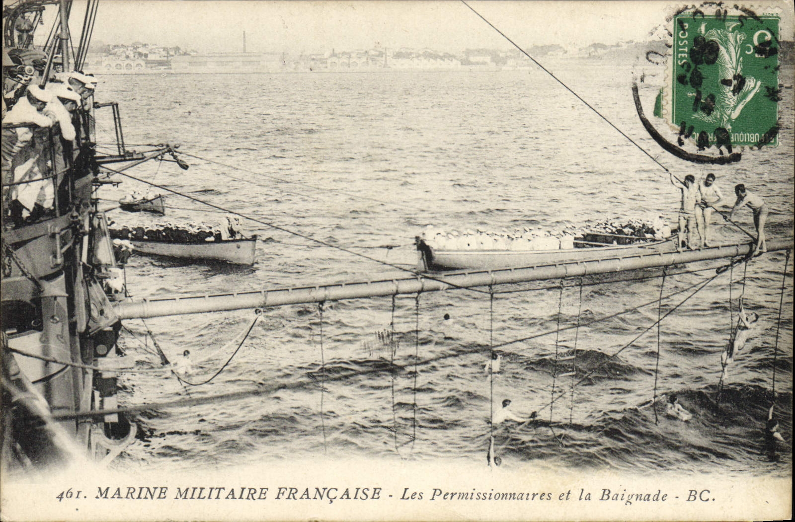 VINTAGE POSTCARD Boat Navy persons on leave and the bathe